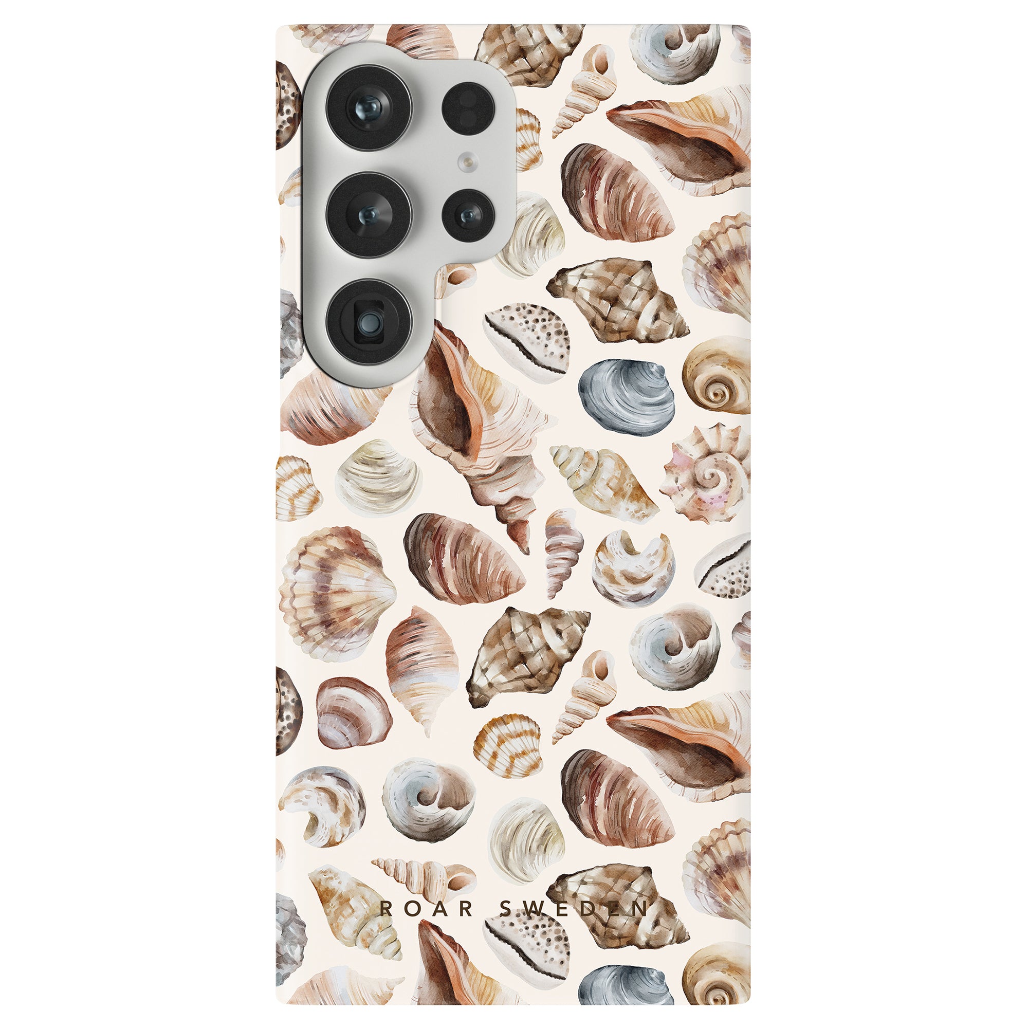 A smartphone with a Beach Shells - Slim case featuring a triple-lens camera setup.