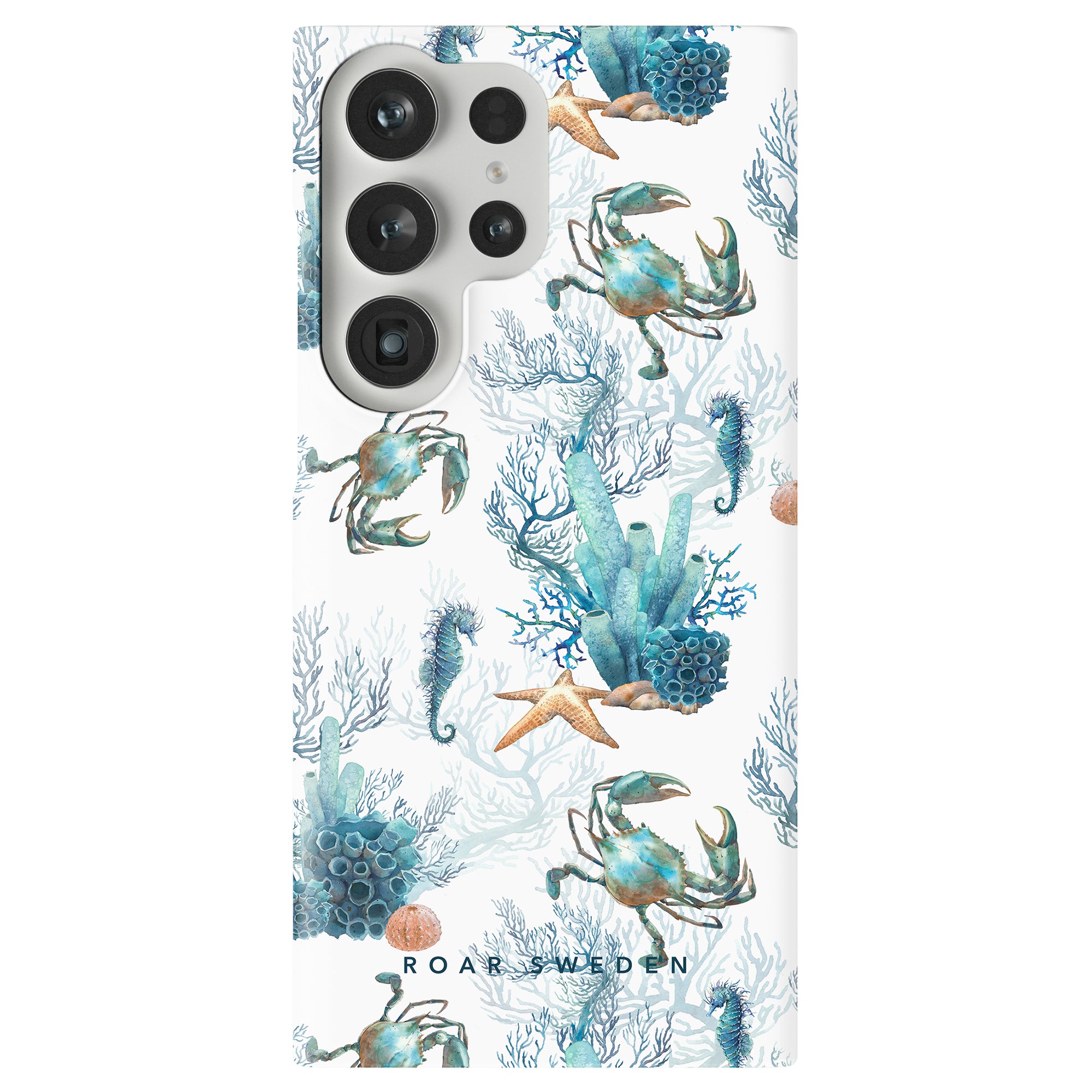A smartphone with a Crab Reef - Slim case, this product description highlights illustrations of crabs, starfish, and coral.