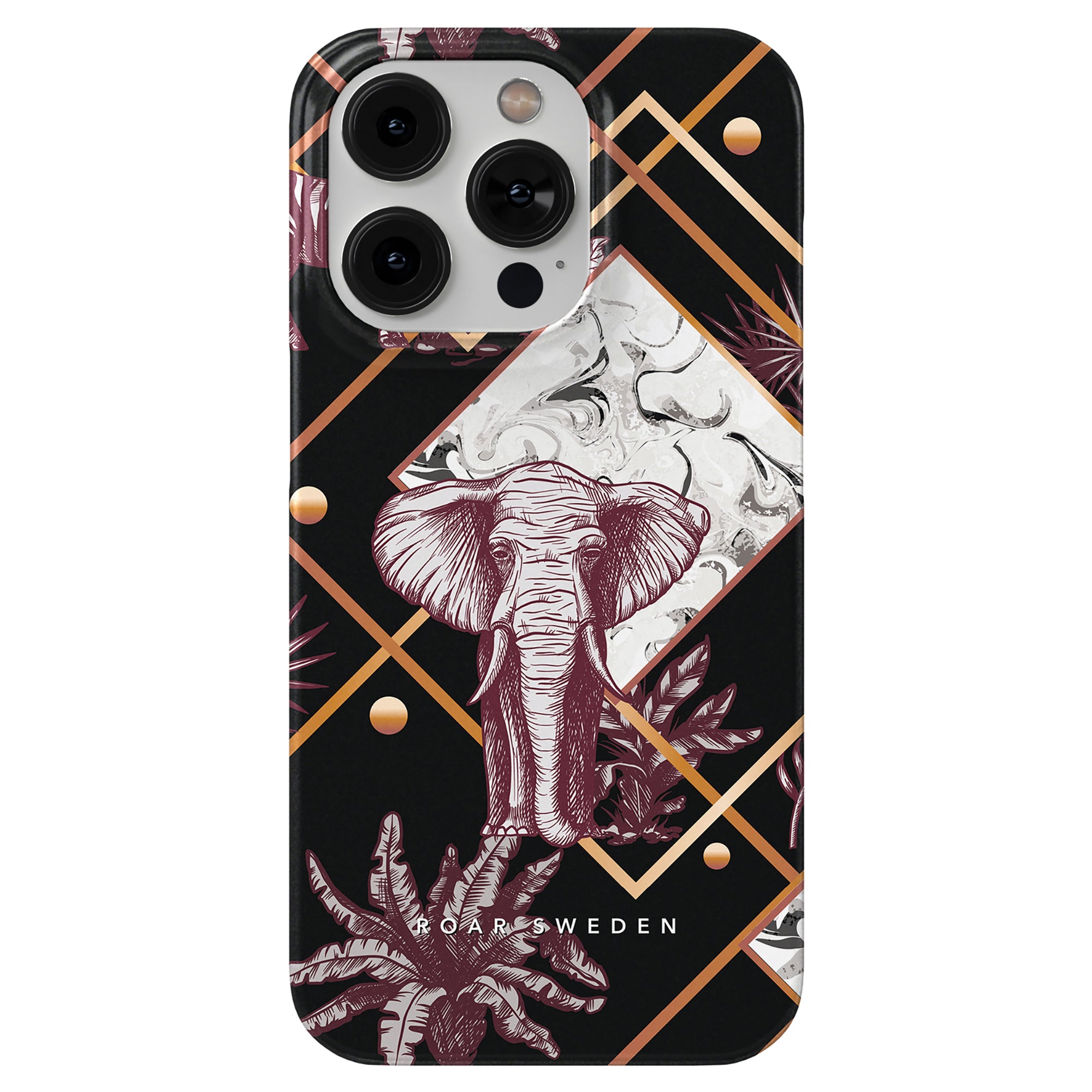 A Savanna - Slim case featuring an elephant illustration on a background of palm trees.