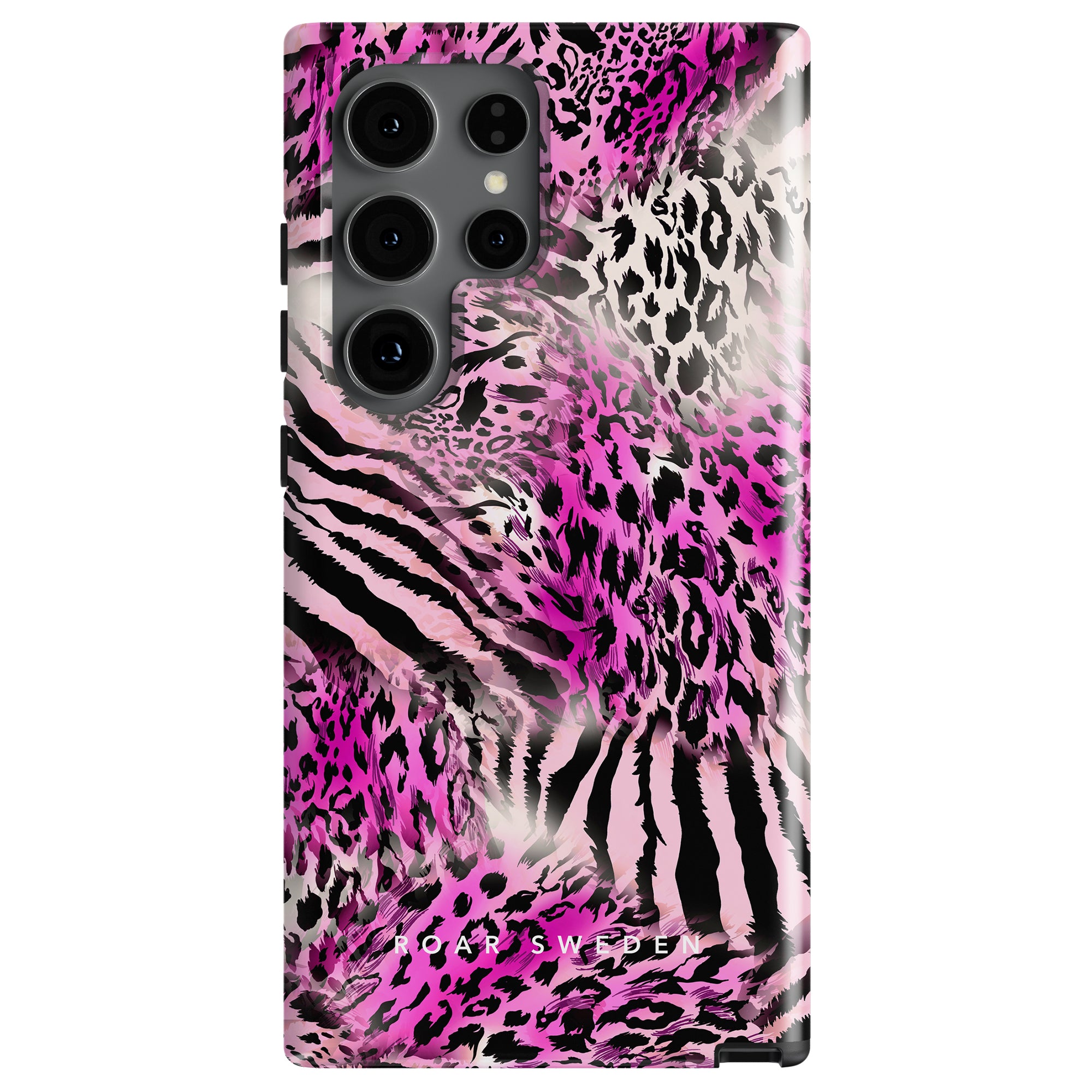 A smartphone with a Savannah Fuchsia - Tough Case featuring zebra and cheetah prints in vibrant pink, purple, and black colors - a true Roar Sweden original.