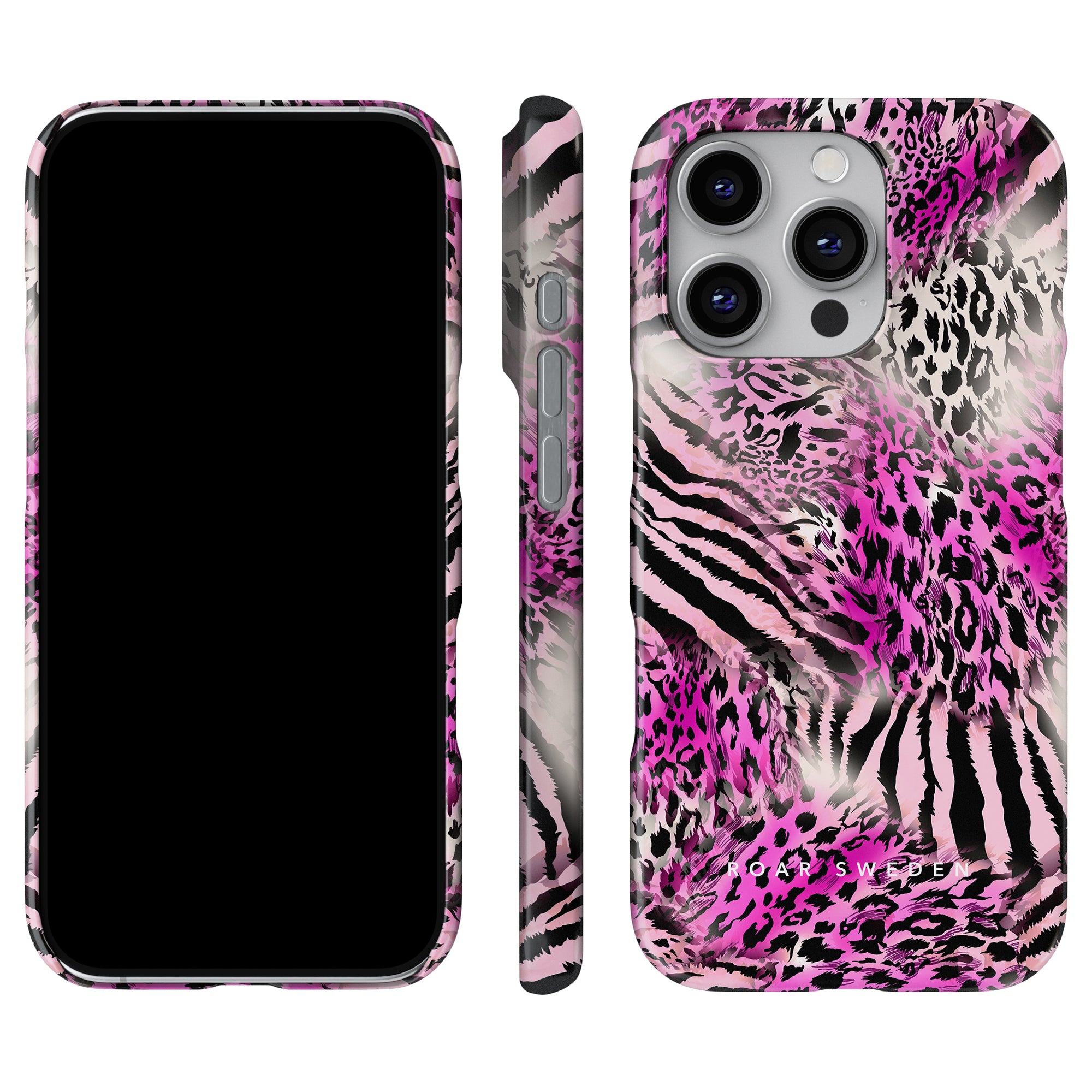 Smartphonen, utrustad med Savannah Fuchsia - Slim Case, har en exotisk design av rosa tiger- och zebratryck. Den presenteras framifrån, från sidan och bakifrån. Detta Roar Sweden-mästerverk exemplifierar djärv stil med sin slående mönsterkombination.