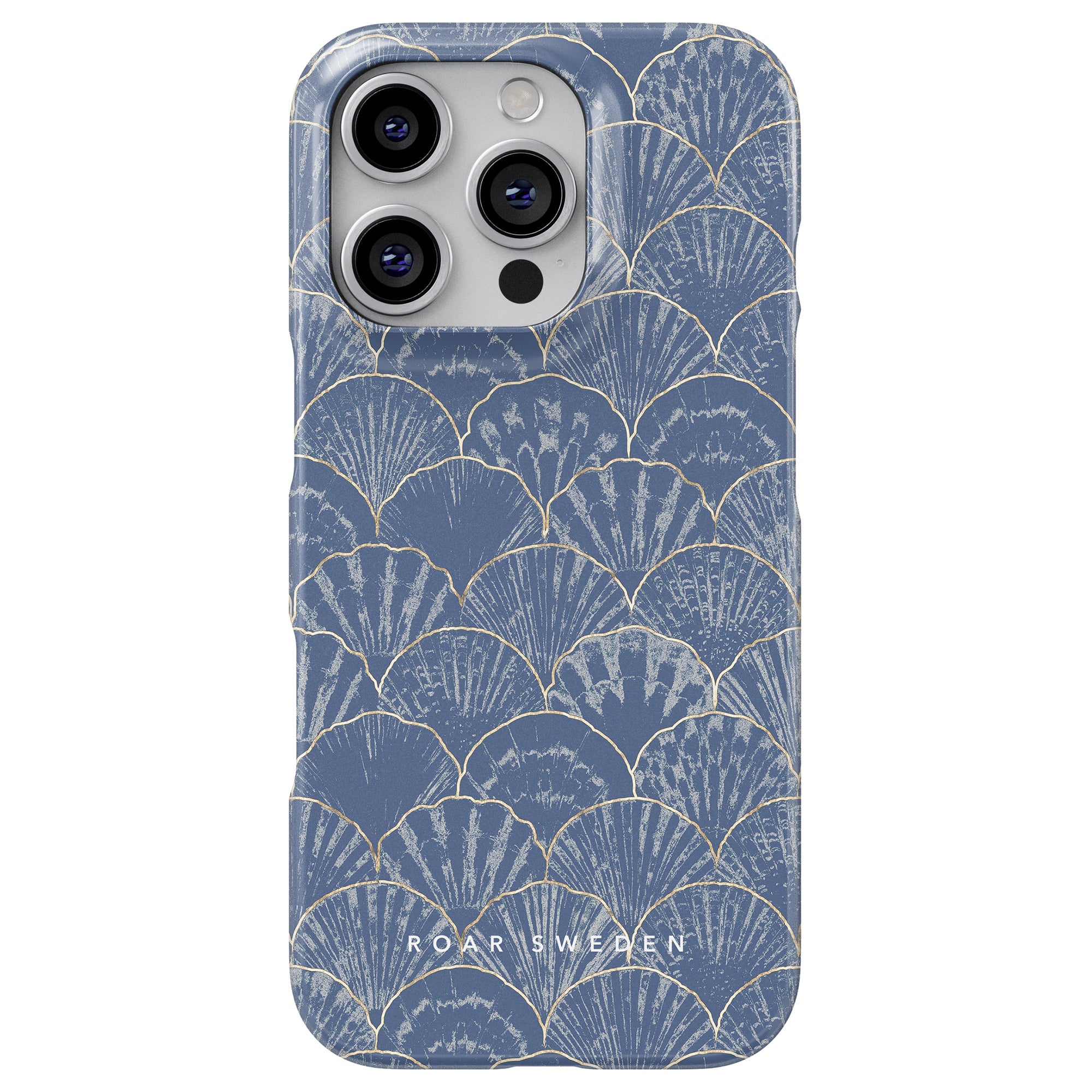 The Roar Sweden Seashell - Slim case is a sleek and stylish smartphone accessory, featuring a blue and beige scallop pattern reminiscent of seashells. It pairs perfectly with a device that has three rear camera lenses to capture every moment beautifully.