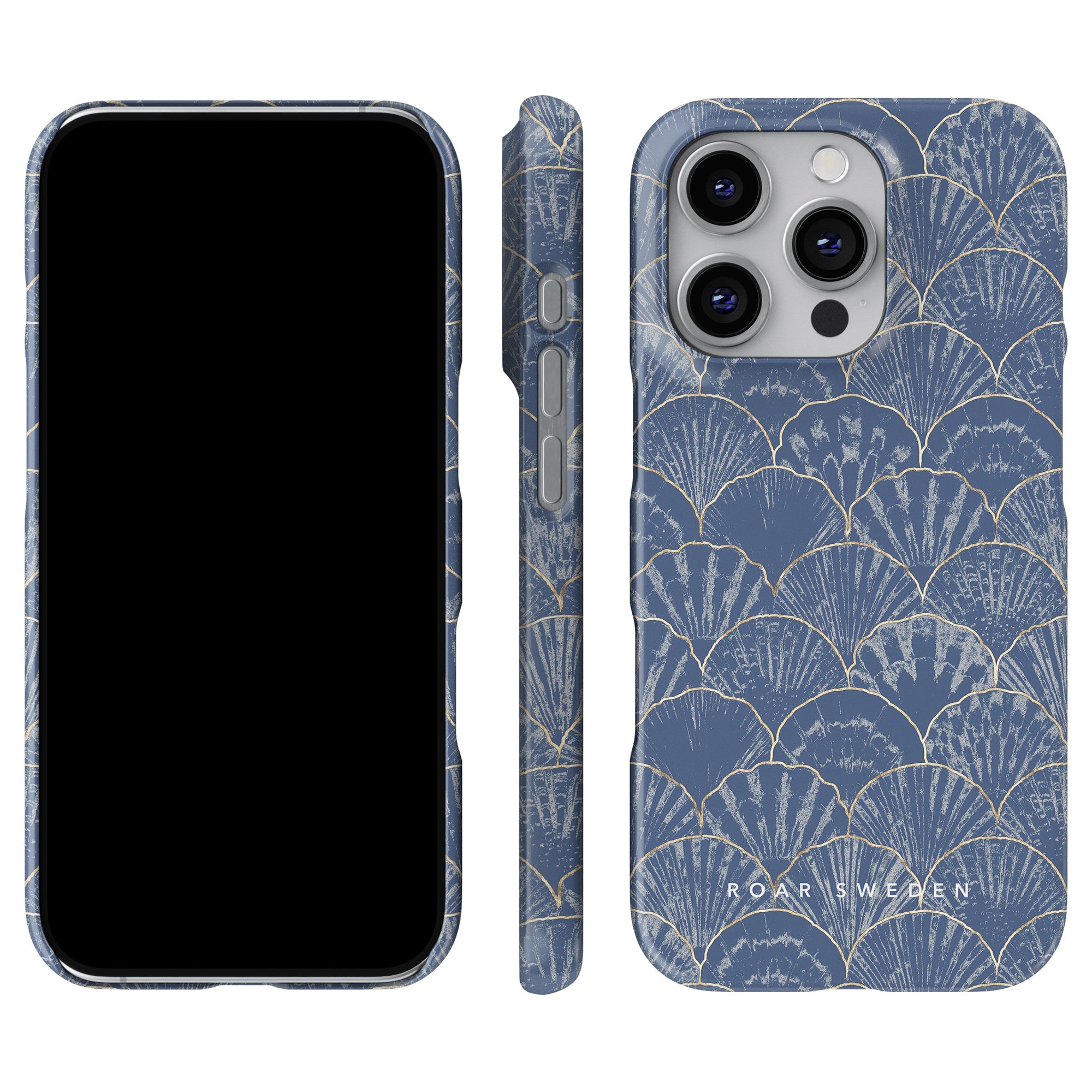 The Seashell - Slim case provides stylish protection for your mobilskal with its blue shell pattern design, showcased from front, side, and back angles.