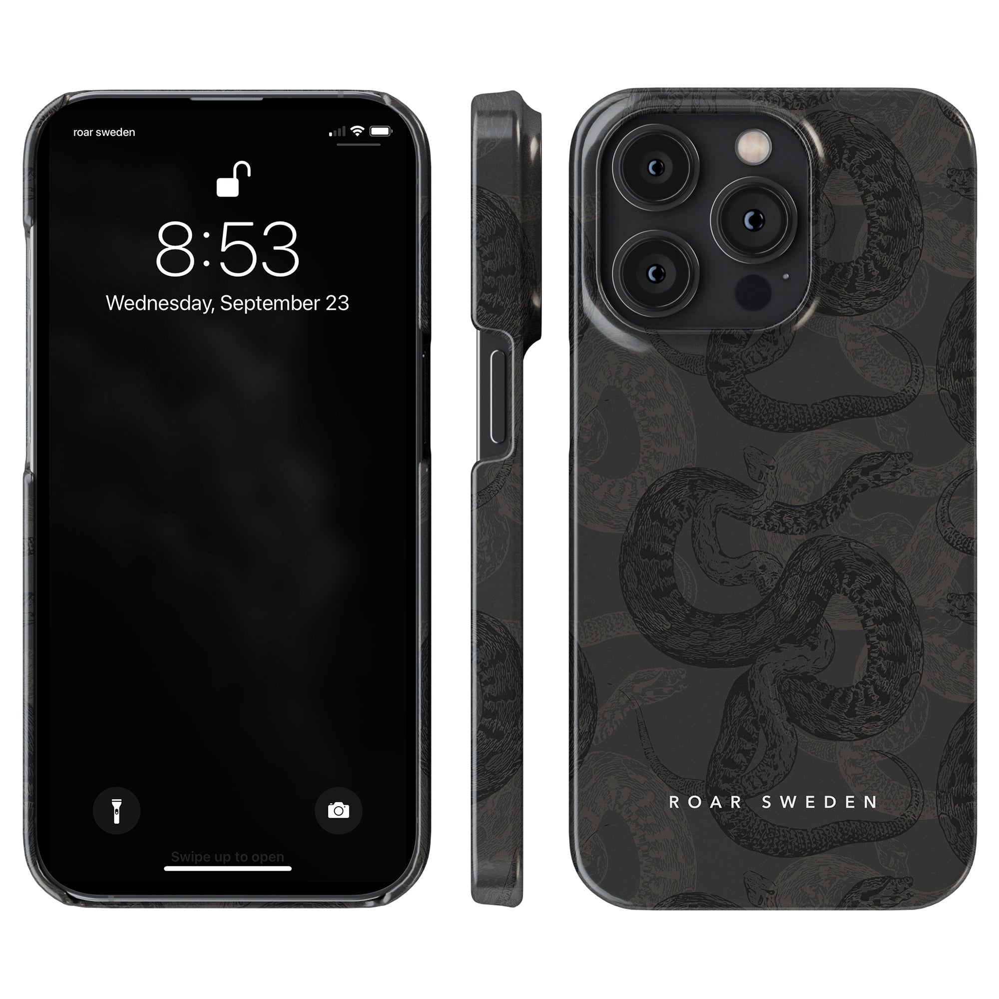 Smartphone with the Serpent - Slim case from the Snakeskin Collection, featuring Ormmönster and branding that reads "ROAR SWEDEN." The device displays a lock screen with the time 8:53 and date Wednesday, September 23.