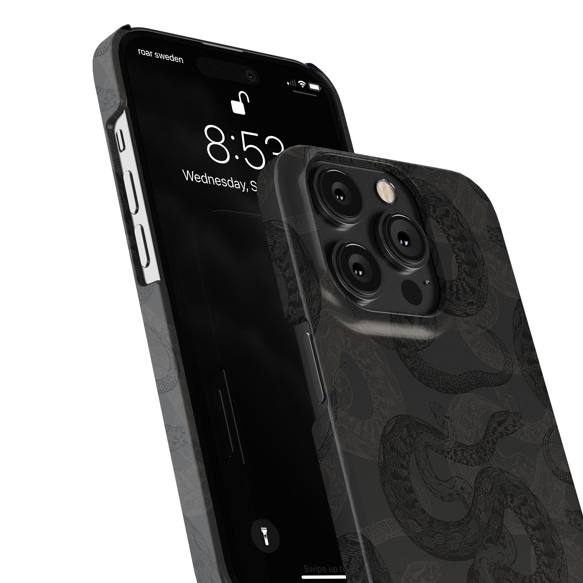 Close-up of a smartphone in a black *Serpent - Slim case* from the Snakeskin Collection, featuring an elegant ormmönster. The display shows the time as 8:53 and date as Wednesday, September 7.