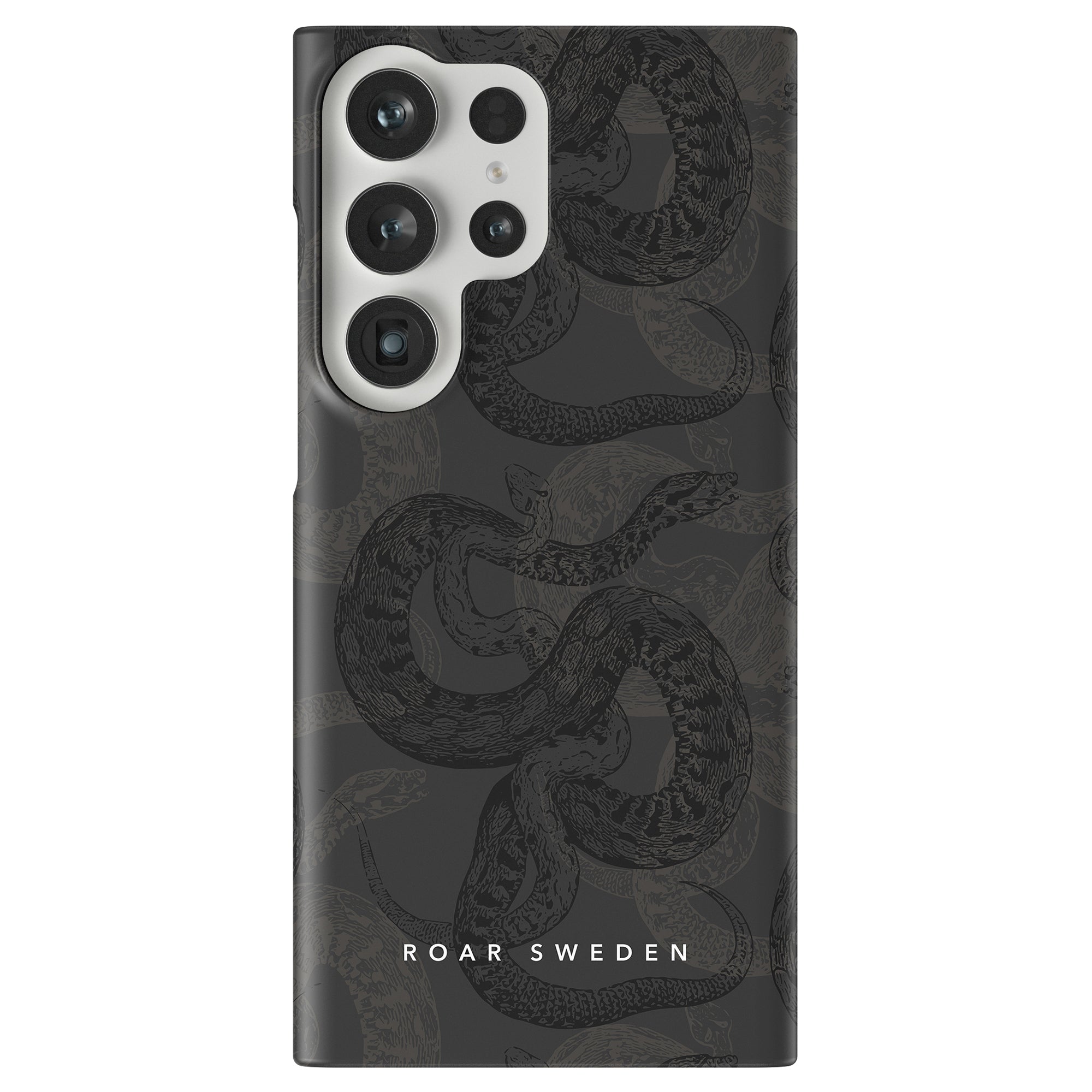 A smartphone featuring the Serpent - Slim case from the Snakeskin Collection, which boasts a distinctive black snakeskin pattern and multiple camera lenses on the back. The text "ROAR SWEDEN" is emblazoned at the bottom.