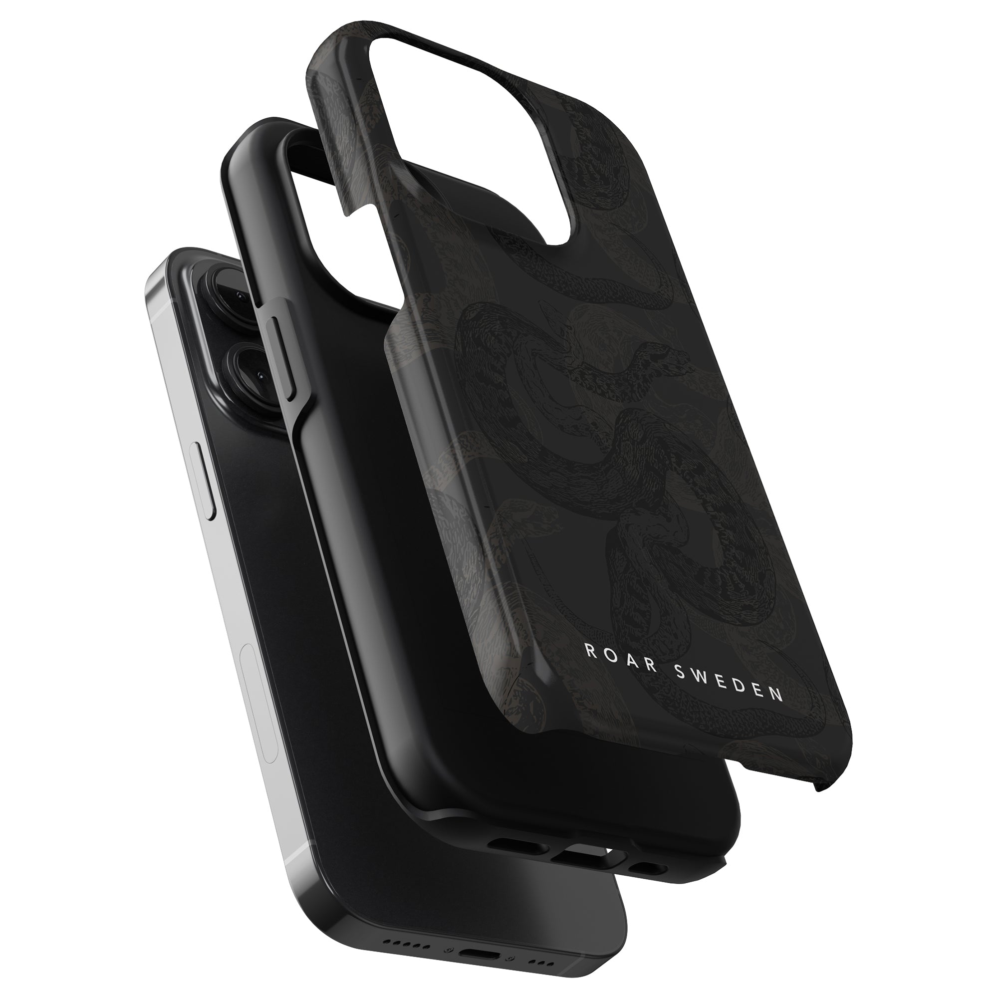 A Serpent - Tough case from the Snakeskin Collection in black, featuring a subtle snake design and "Roar Sweden" text, is shown partially covering an iPhone, offering robust protection.