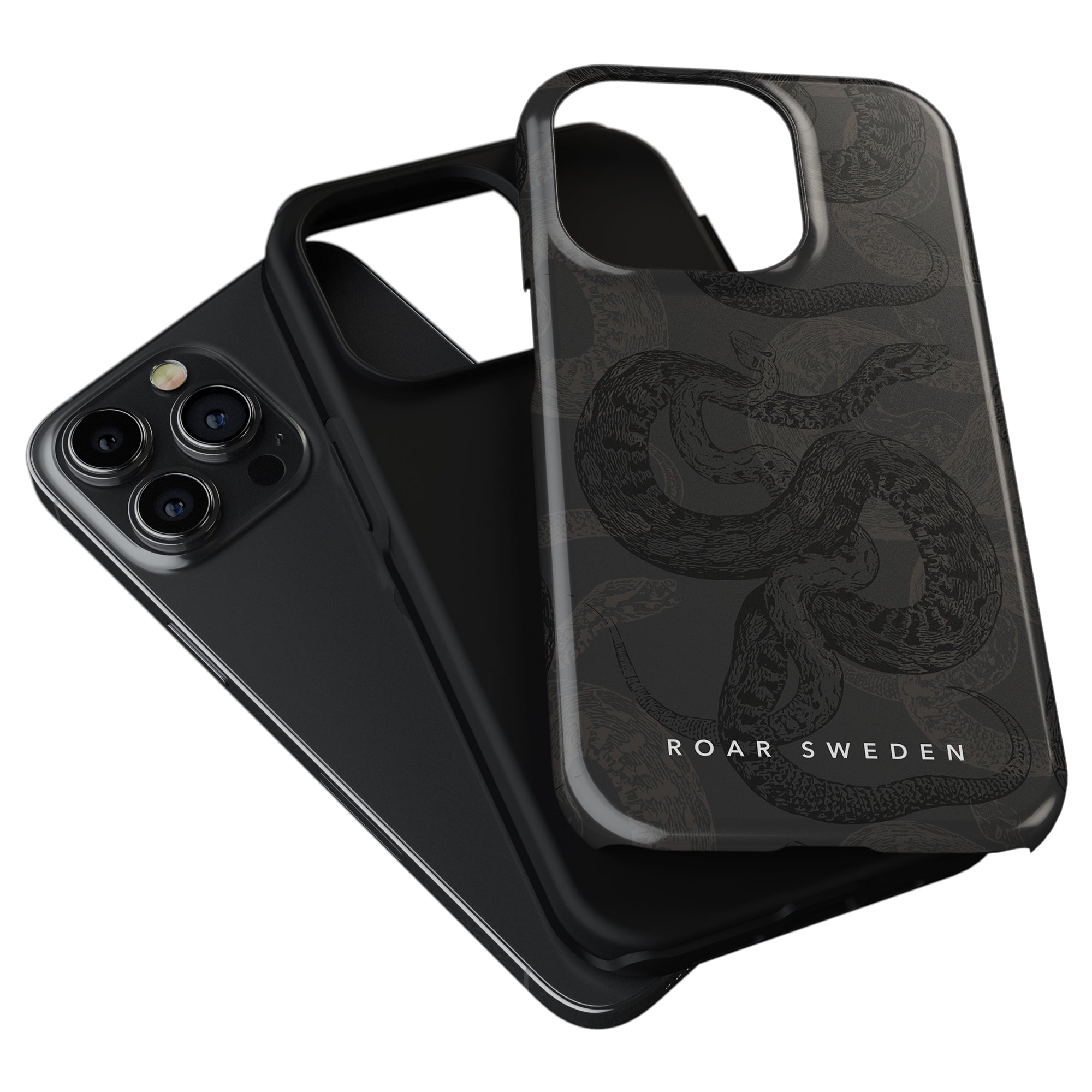 Two black iPhone cases are stacked; the top case, named "Serpent - Tough Case," from the Snakeskin Collection features a serpent design with the text "ROAR SWEDEN." An iPhone with a triple-lens camera is partially visible behind the cases, highlighting robust protection.