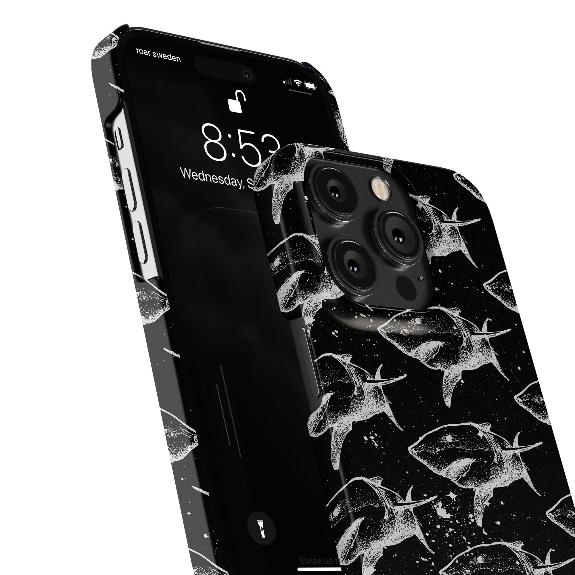 A smartphone with a Shark Attack - Slim Case from the Aquarium Collection is displayed, showing a lock screen with the time 8:53 and the date Wednesday, September 14.