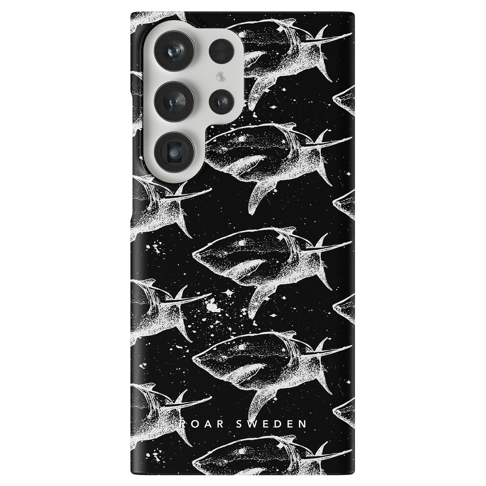 The Shark Attack - Slim case showcases a black background adorned with a sketch-style shark pattern and the text "ROAR SWEDEN" at the bottom, part of our exclusive Shark Attack Aquarium Collection.