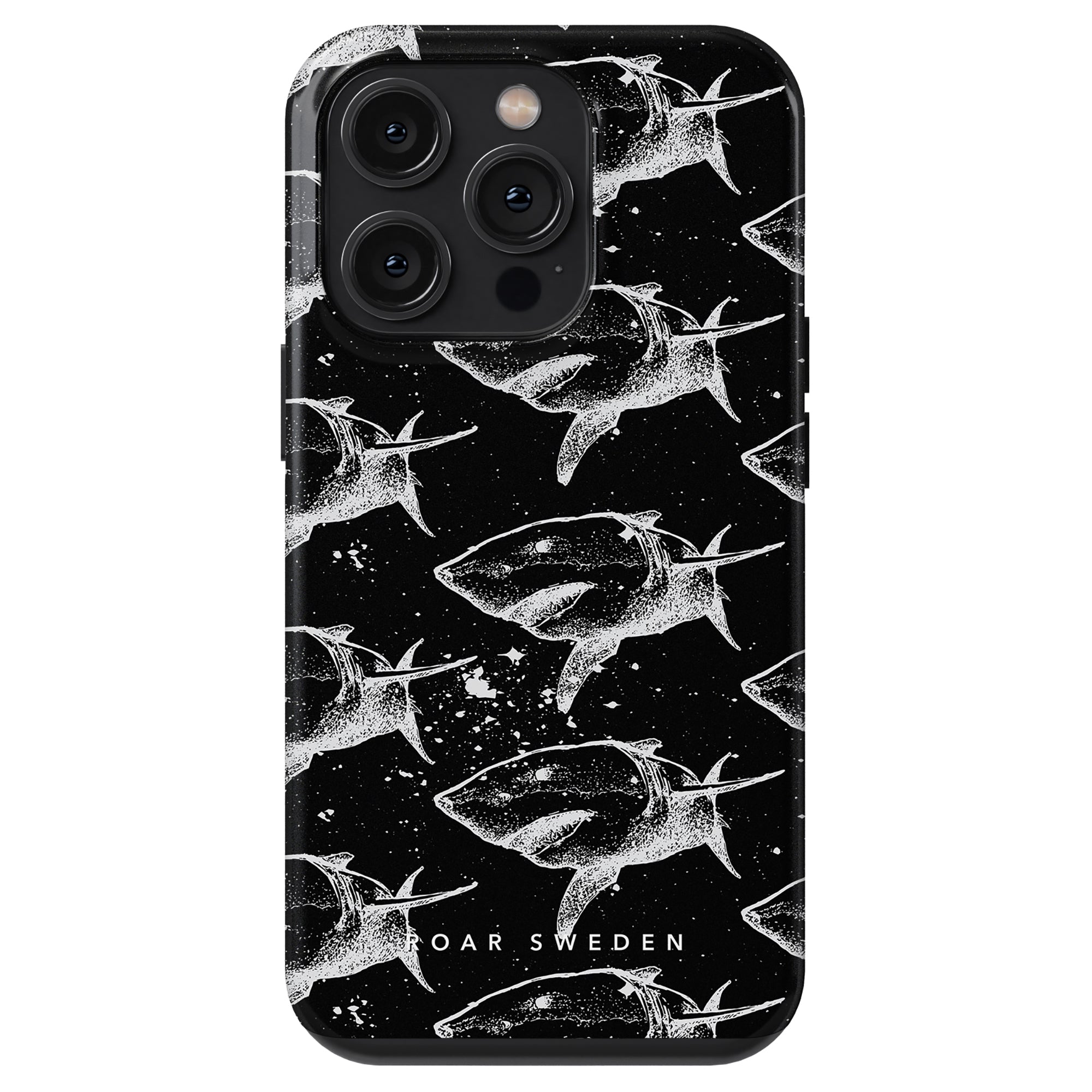 Introducing the Shark Attack - Tough case: a black phone case adorned with white whale shark illustrations and featuring the text "ROAR SWEDEN" at the bottom, offering maximalt skydd with its robust design.