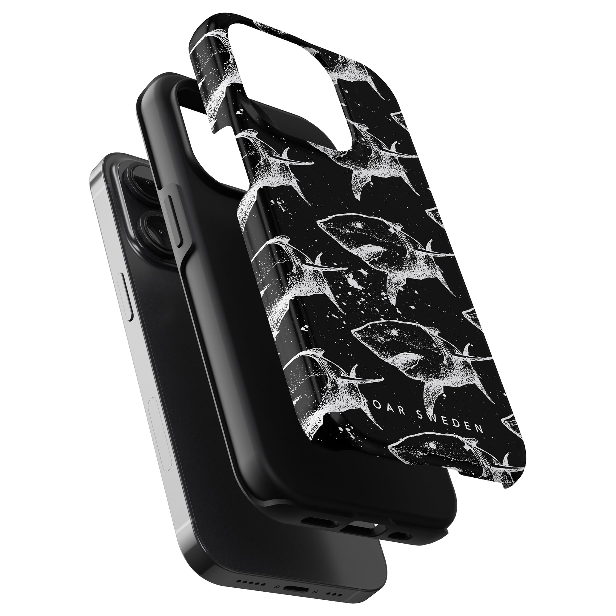 A black smartphone with three stacked cases, including the Shark Attack - Tough case featuring a white shark pattern for maximalt skydd, perfect for those seeking tough case protection in style.