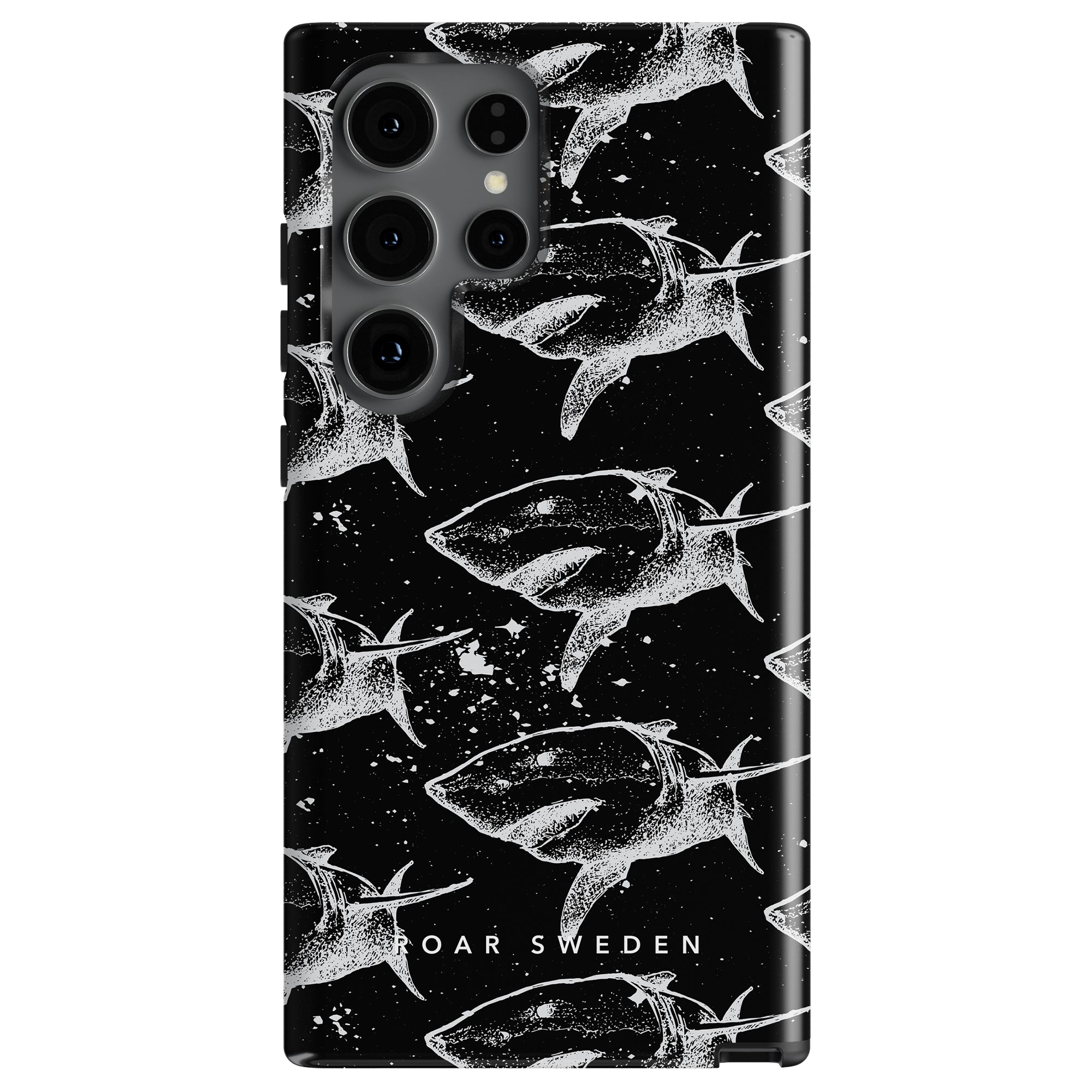 Introducing the Shark Attack - Tough case: a stylish black phone case featuring a striking white fish pattern and "ROAR SWEDEN" text at the bottom, providing maximalt skydd for your device.