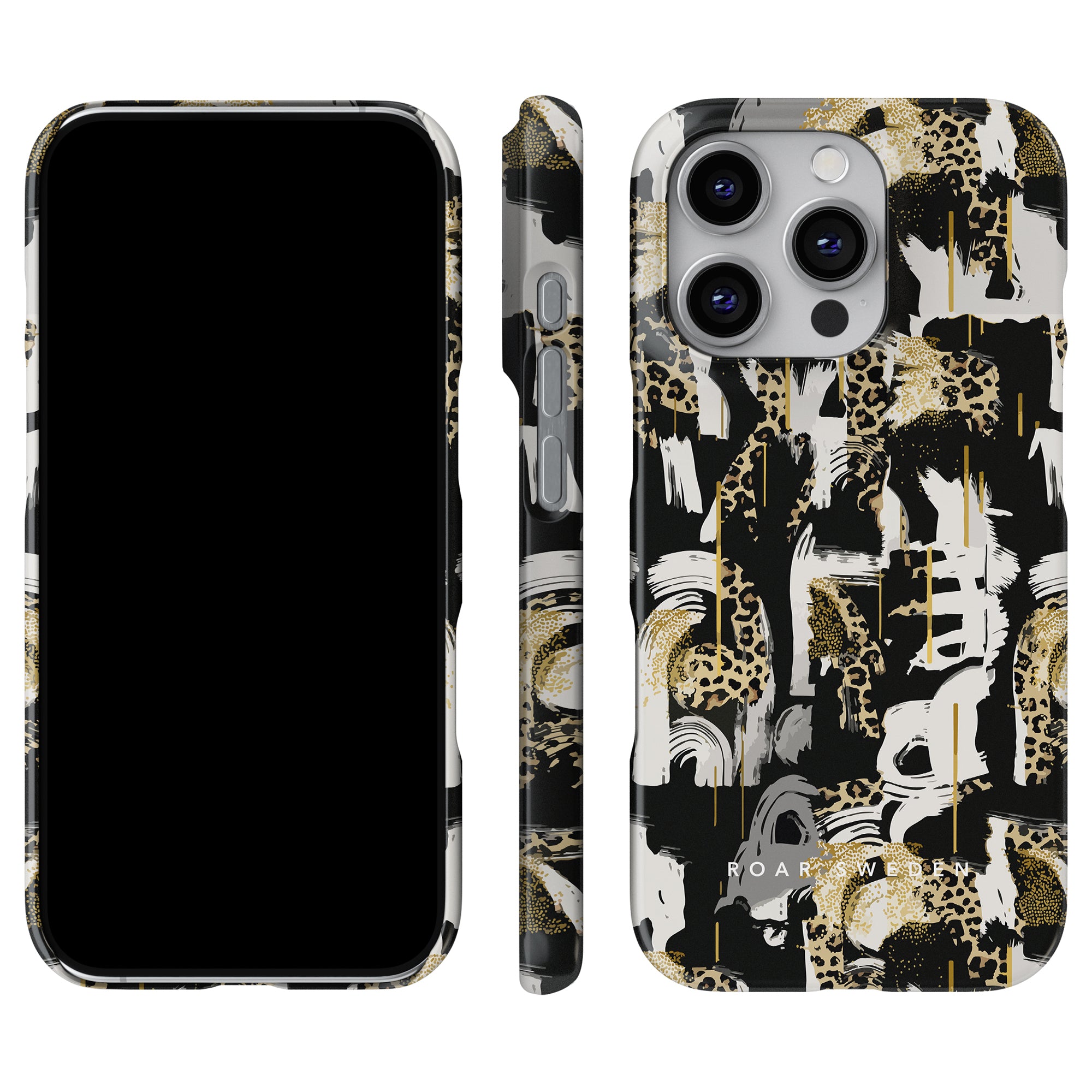 iPhonen har en svart skärm och skyddas av Skate Leo - Slim fodral, som visar en abstrakt svart, guld och vit design sammanvävd med subtila street art-element och inslag av ett leopardmönster.