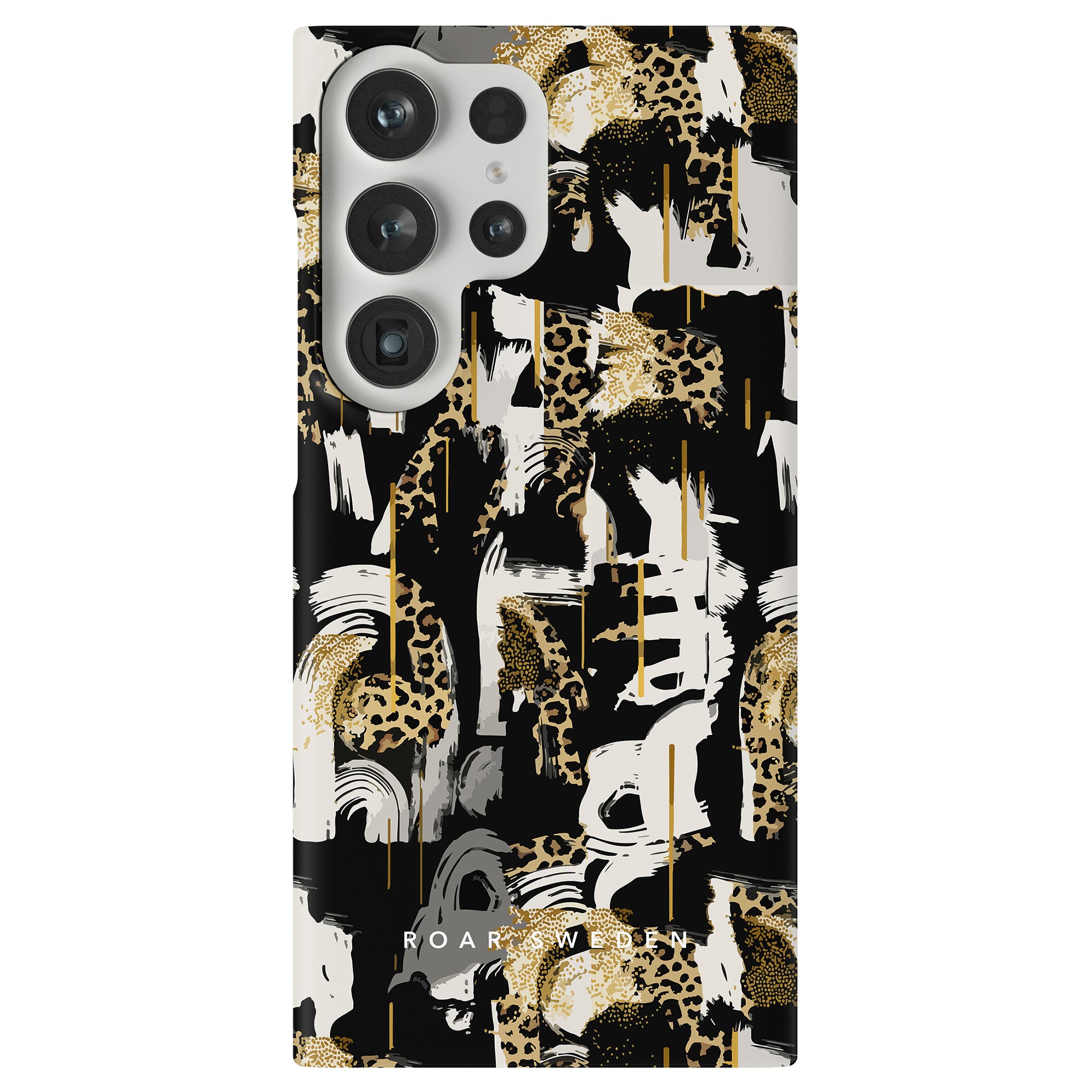 Skate Leo - Slim case description with giraffes on a black and gold phone case.