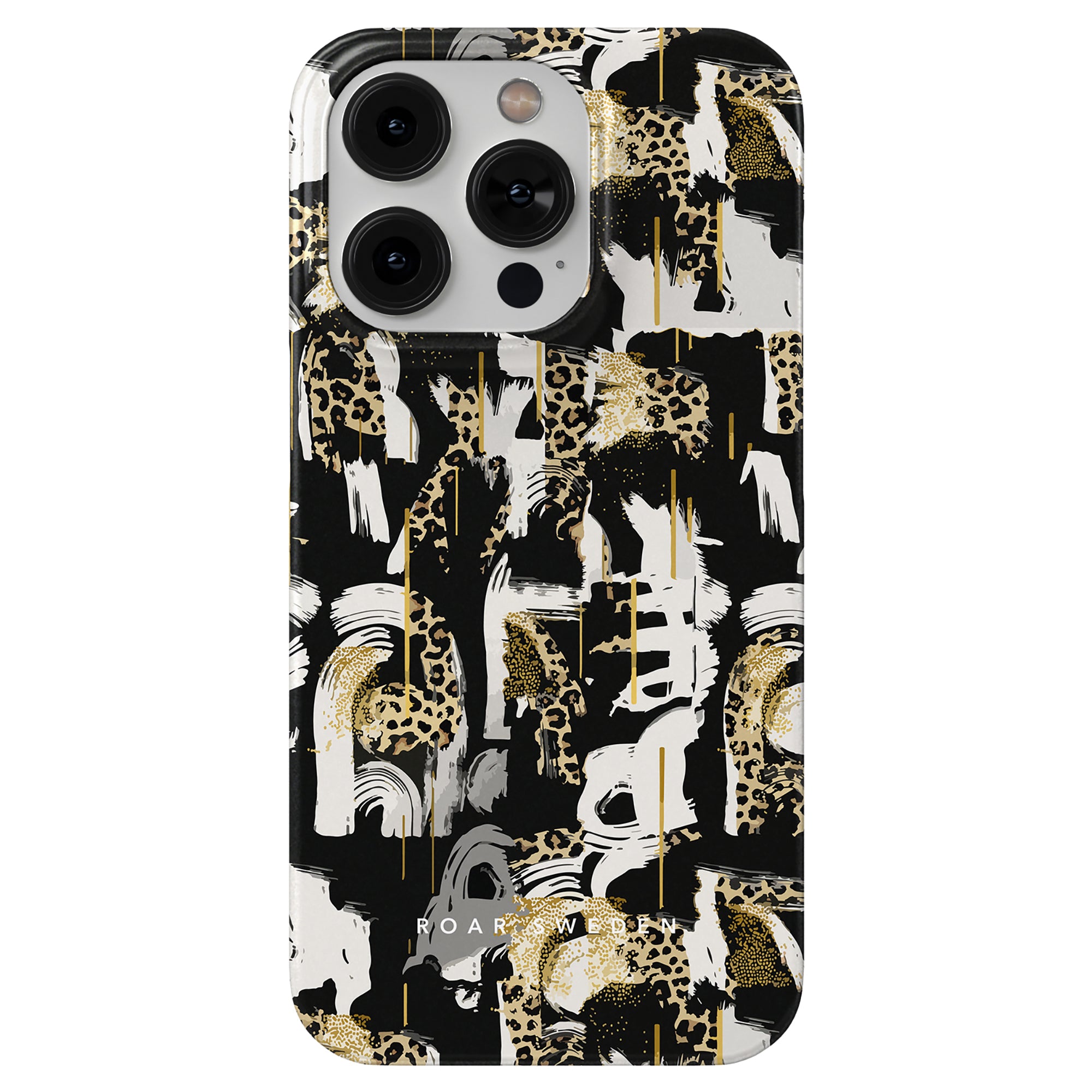 Skate Leo - Slim case: A black and gold phone case with giraffes on it.