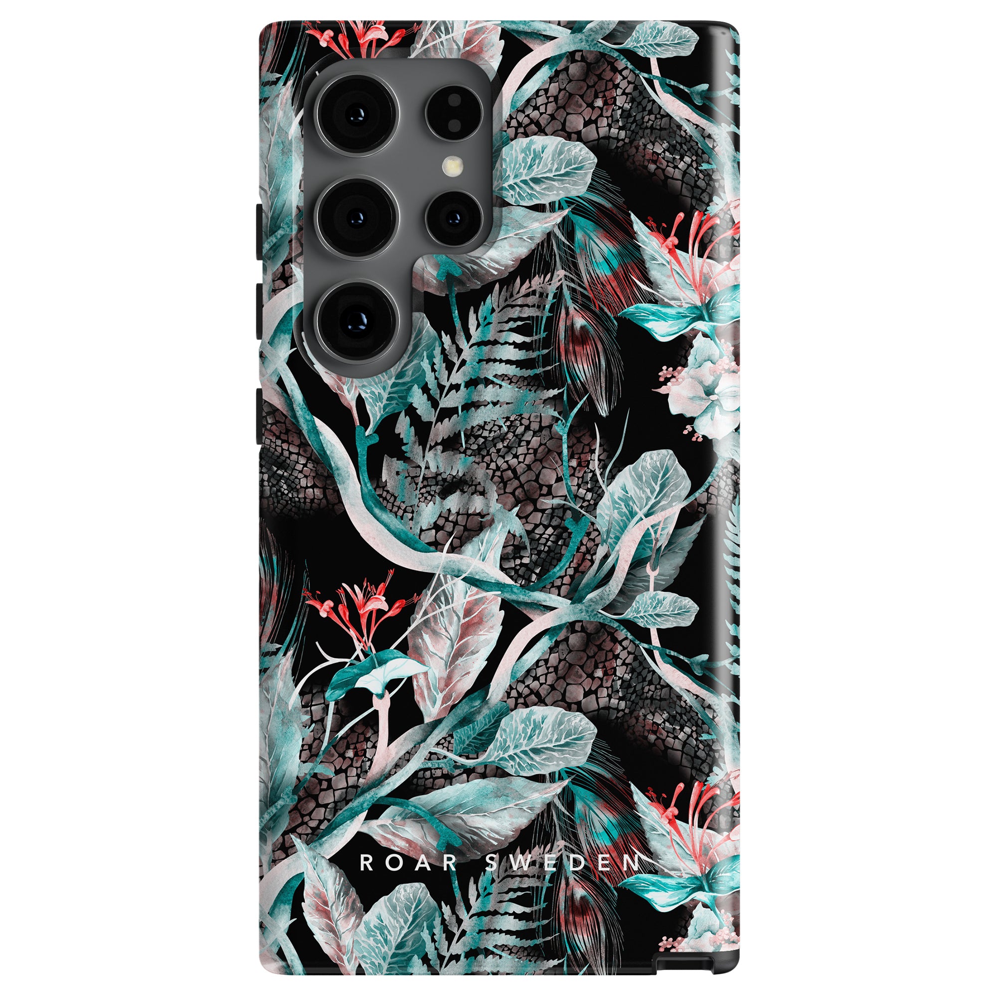 A smartphone cover with a tropical leaf and floral design on a black background. The text "ROAR SWEDEN" is printed at the bottom, giving it an exotic Snake Jungle - Tough case feel.