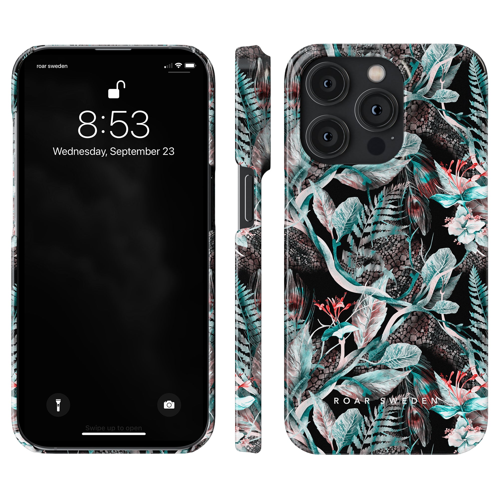Beskrivning: Ett Snake Jungle - Slim case till iPhone 11 Pro med ett tropiskt lövtryck på det. Skalet ger full tillgång till alla knappar.