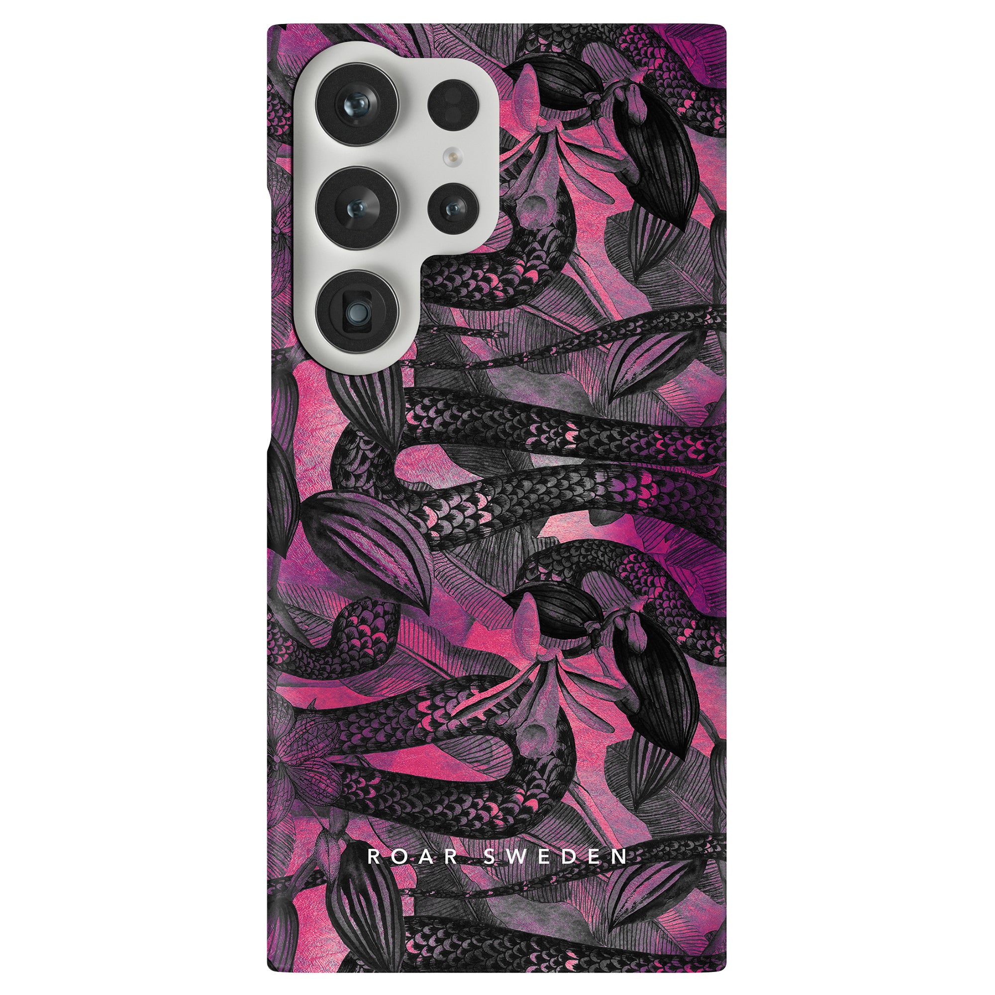 A vibrant Snake Nest - Slim case adorned with mermaids, featuring a captivating combination of pink and black hues.