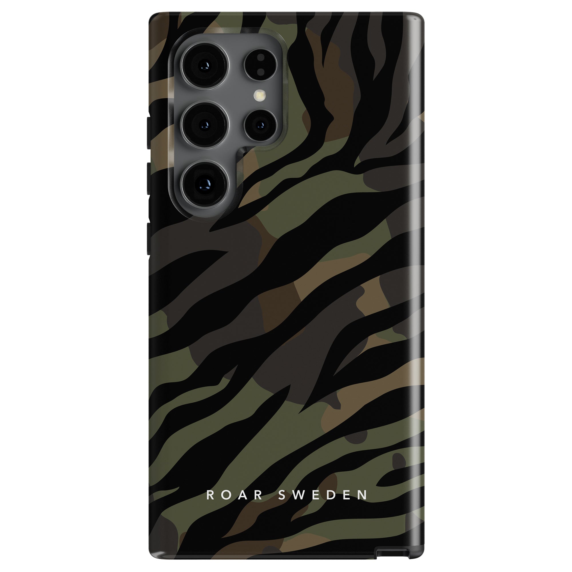 A smartphone with an Army - Tough Case featuring a green and black kamouflagemönster pattern, and the text "ROAR SWEDEN" at the bottom.