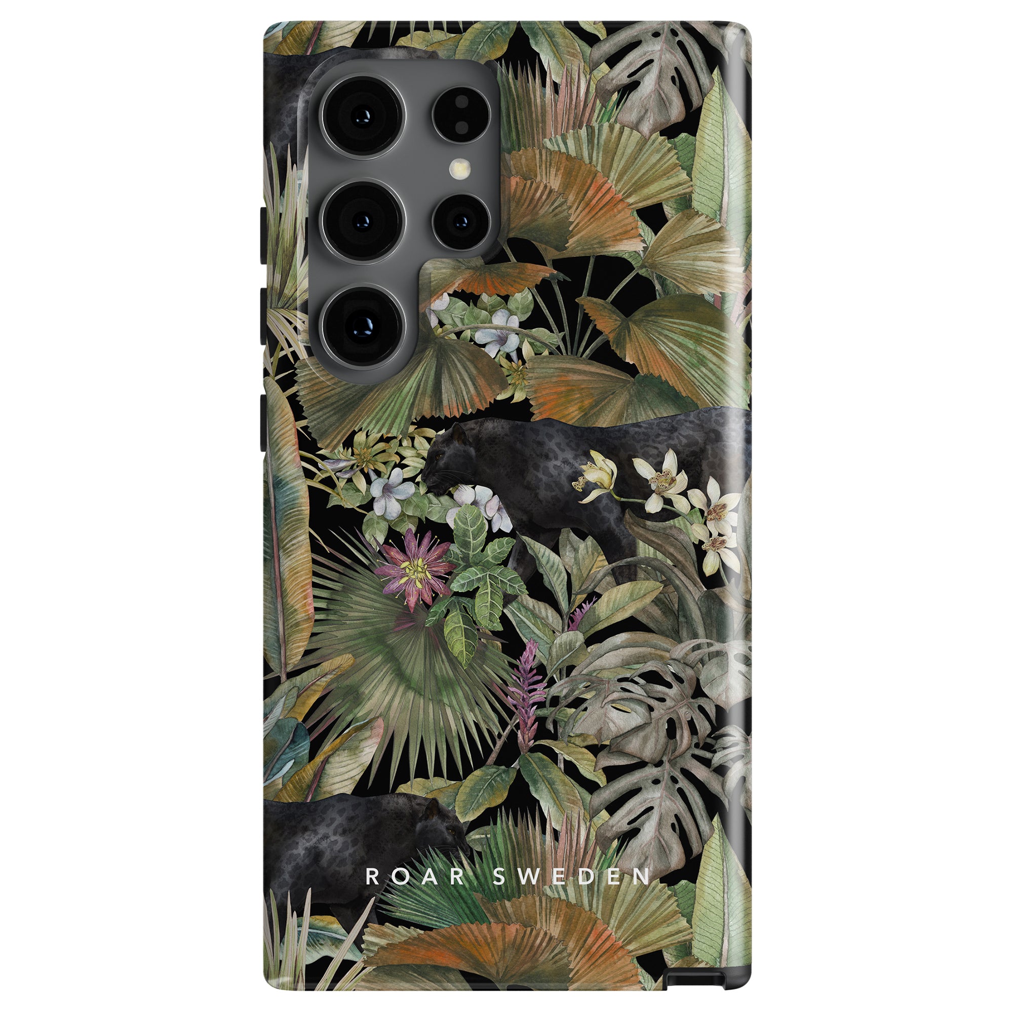 A smartphone case with a tropical floral pattern of leaves and flowers on the back has "ROAR SWEDEN" printed at the bottom. This Bagheera - Tough Case ensures durability while adding a touch of exotic beauty to your device.