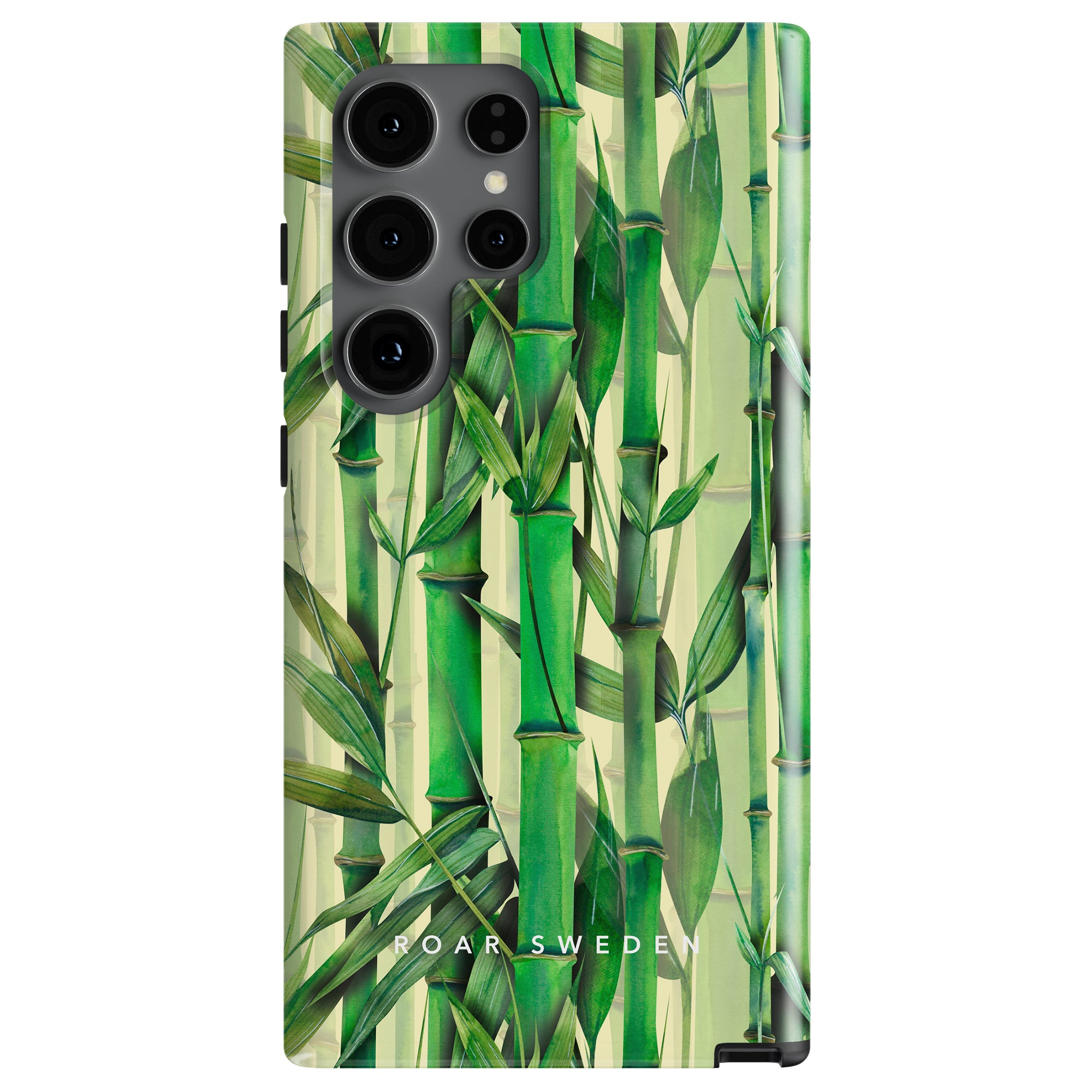 A smartphone with a Bambu - Tough Case and multiple camera lenses on the back. The brand name "R O A R S W E D E N" is printed at the bottom, offering both naturens skönhet design and högkvalitativt skydd.