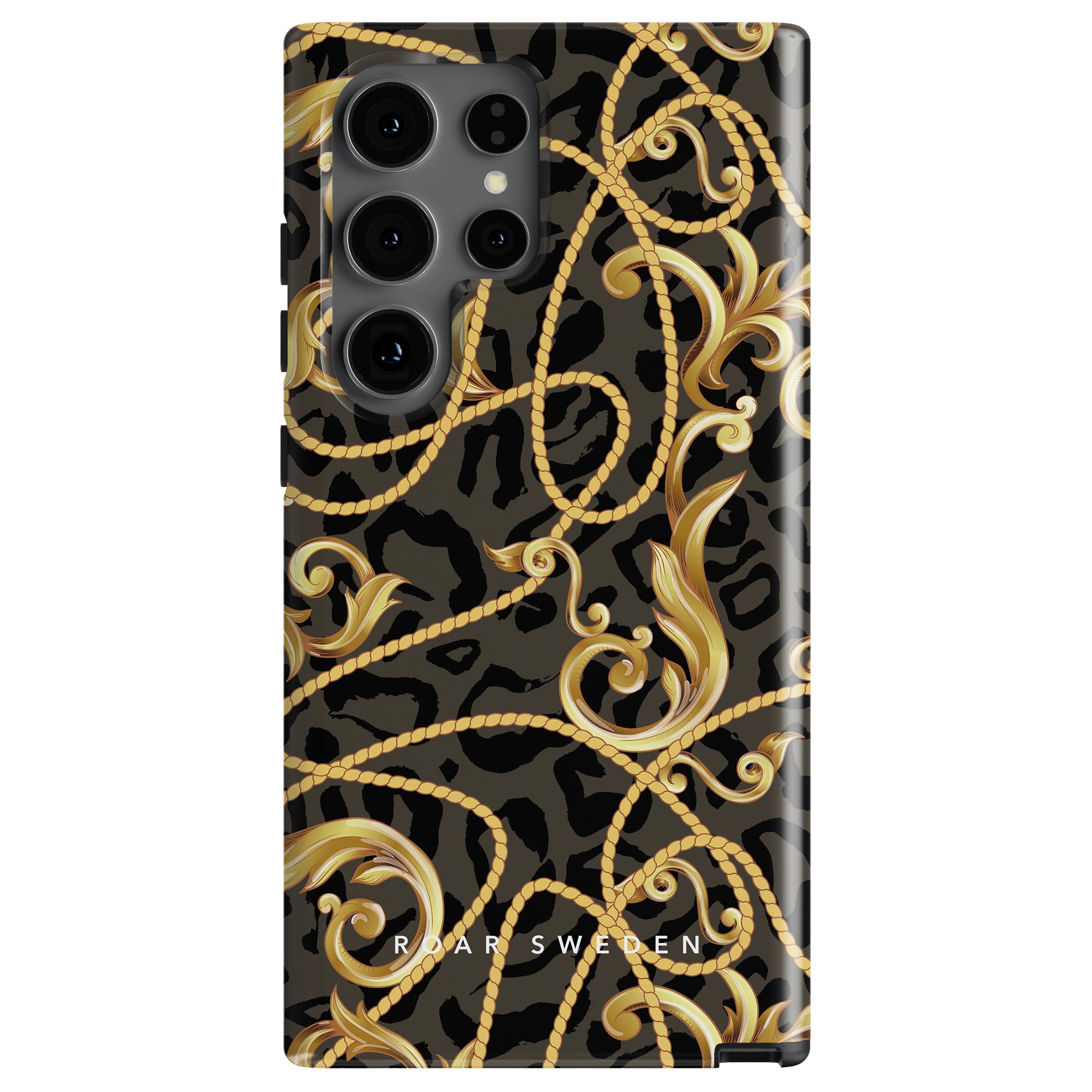 A Baroque - Tough Case with a black and gold ornate patterned case featuring lyxiga gyllene snirkelmönster, swirls, chains, and an animal print background by "Roar Sweden.