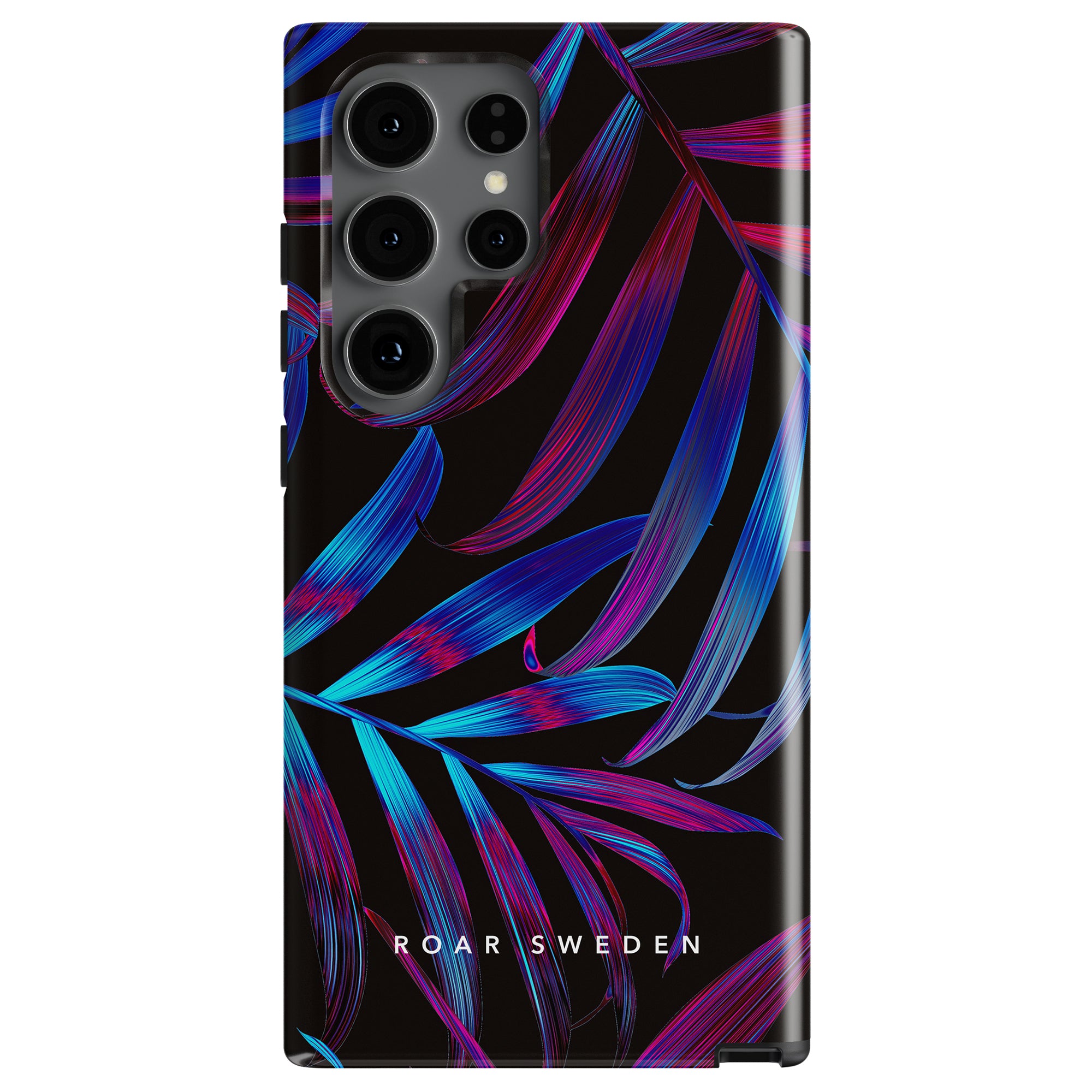 Back view of a smartphone in a colorful case with blue and purple palm leaf design. The words "Roar Sweden" are written at the bottom of the case. Experience the Bioluminescence - Tough case with its vibrant hues and robust skydd mobilskal, ensuring your phone is protected in style.
