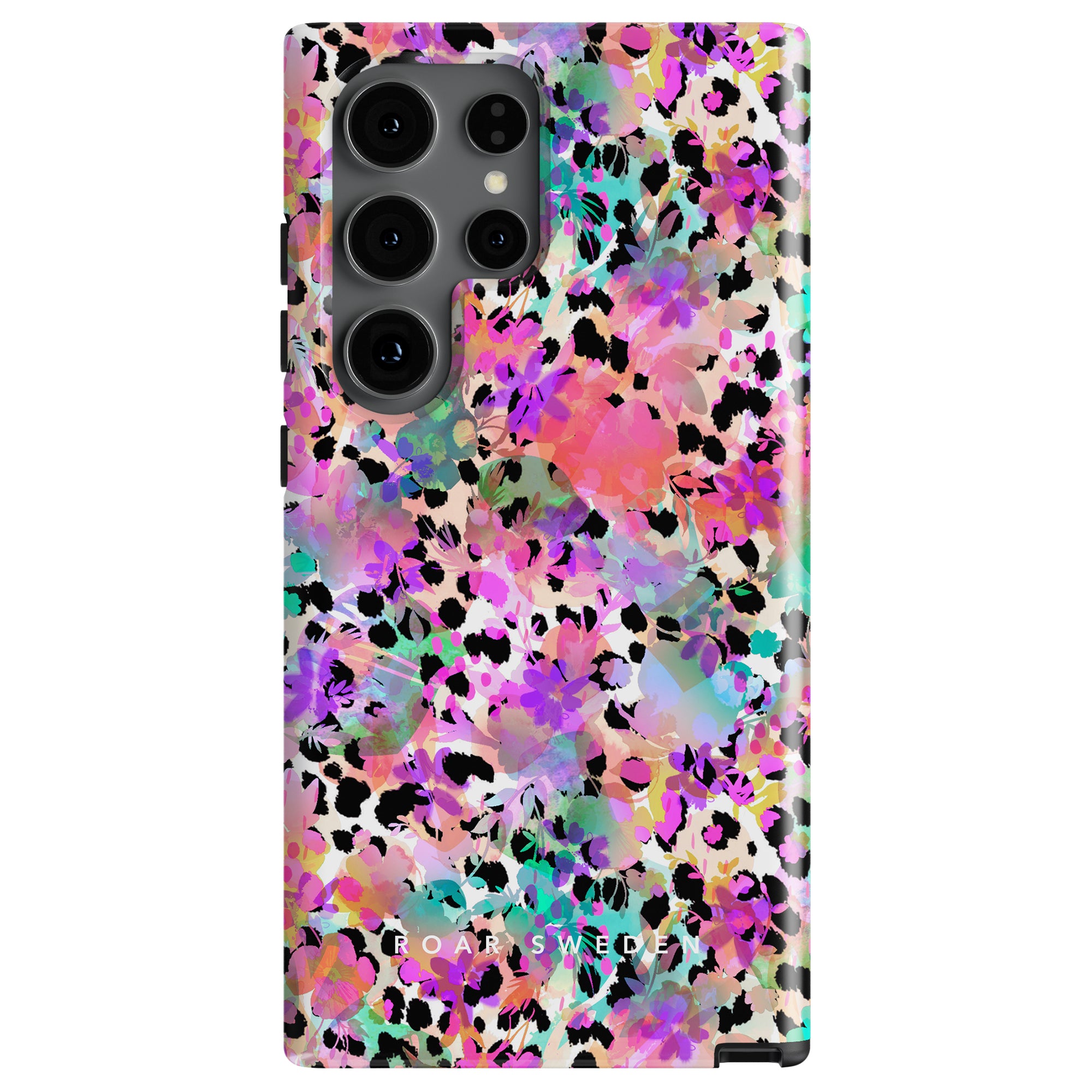 A smartphone with a colorful abstract floral and leopard print case that reads "Blooming Leo - Tough case," crafted from högkvalitativa material for durability and style.