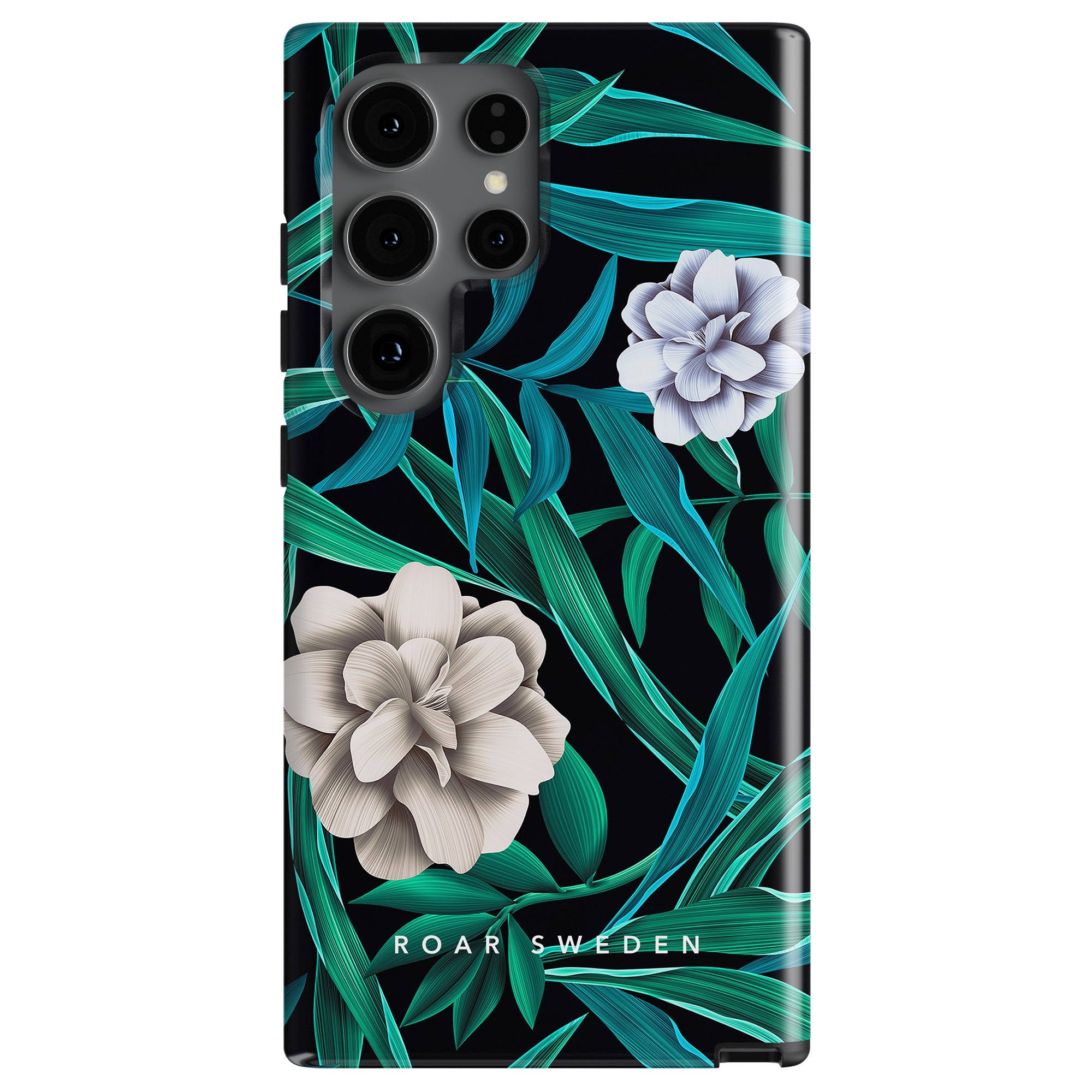 Smartphone with black Blossom - Tough Case featuring green leaves and two white flowers. Text at the bottom of the mobilskal reads "ROAR SWEDEN.