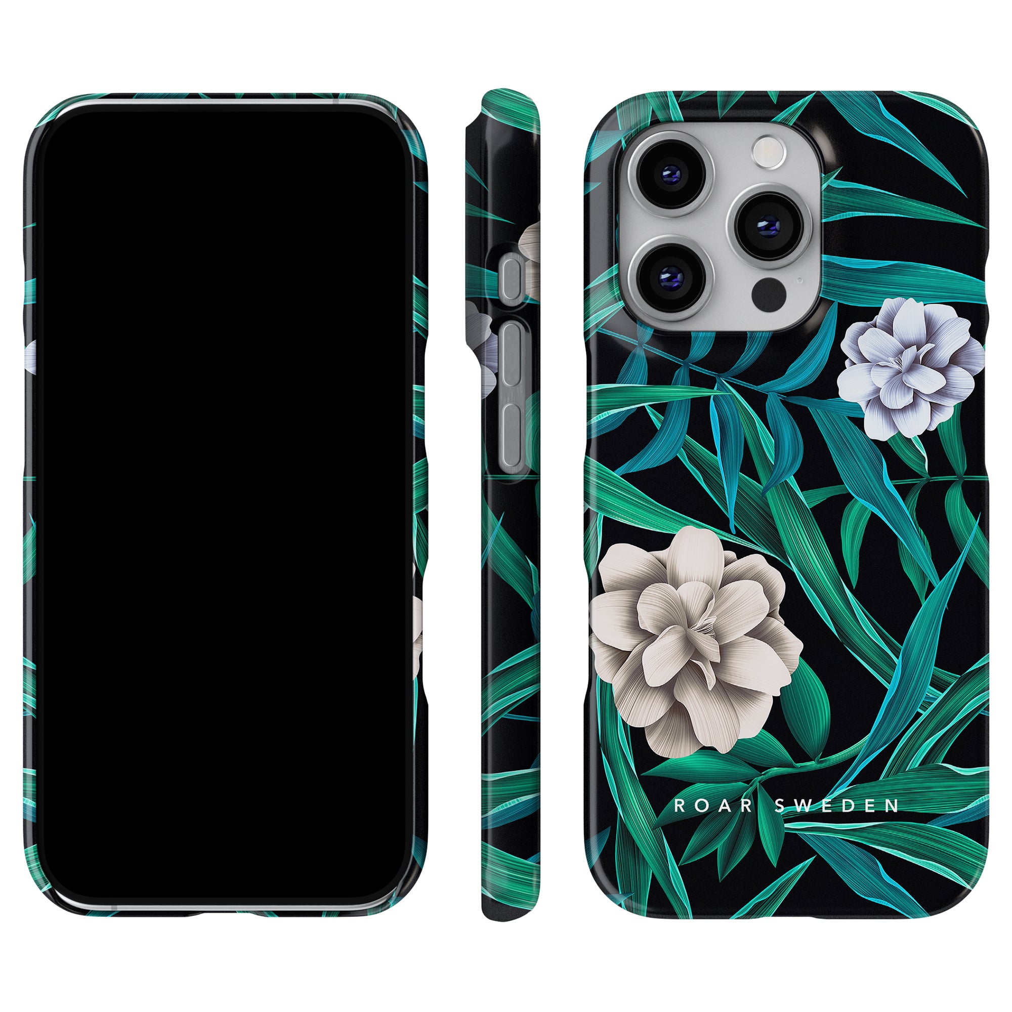 Discover the Blossom - Slim case, a refined mobilskal featuring a naturinspirerad design with green leaves and white flowers, artfully visible from both the front and back.