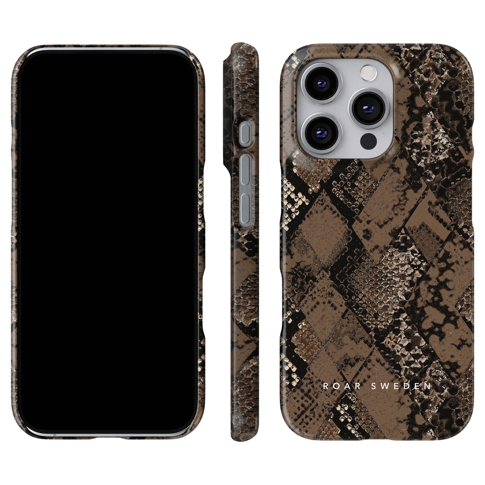 A Boidae - Slim case with a snakeskin-hybrid pattern is shown from front, side, and back angles, highlighting its high-quality brown and black textured design.