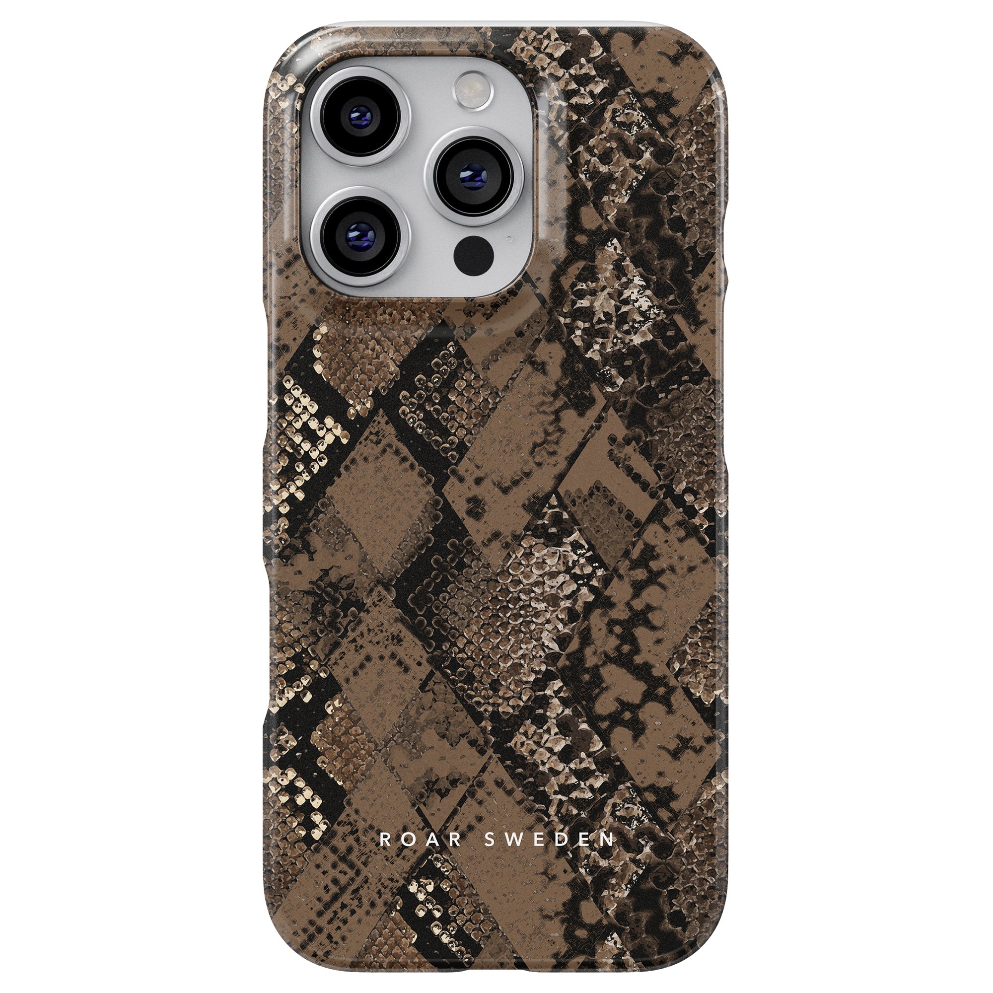 The Boidae - Slim case is a smartphone accessory featuring a brown and black textured pattern with "Roar Sweden" displayed at the bottom. This case combines a snakeskin hybrid design with top-quality craftsmanship for a sleek and sophisticated appearance.