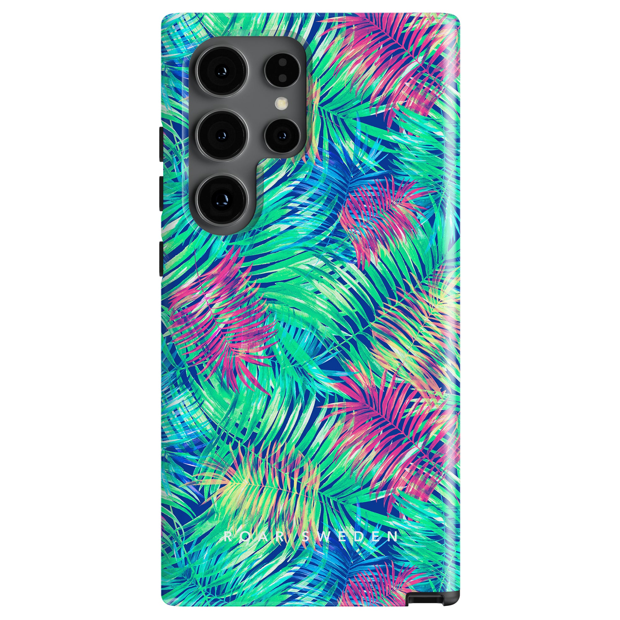 Smartphone case with a vibrant palm leaf pattern in green, blue, and purple hues. The Breeze - Tough case features a cutout for multiple camera lenses and includes the brand name "Roar Sweden" at the bottom.