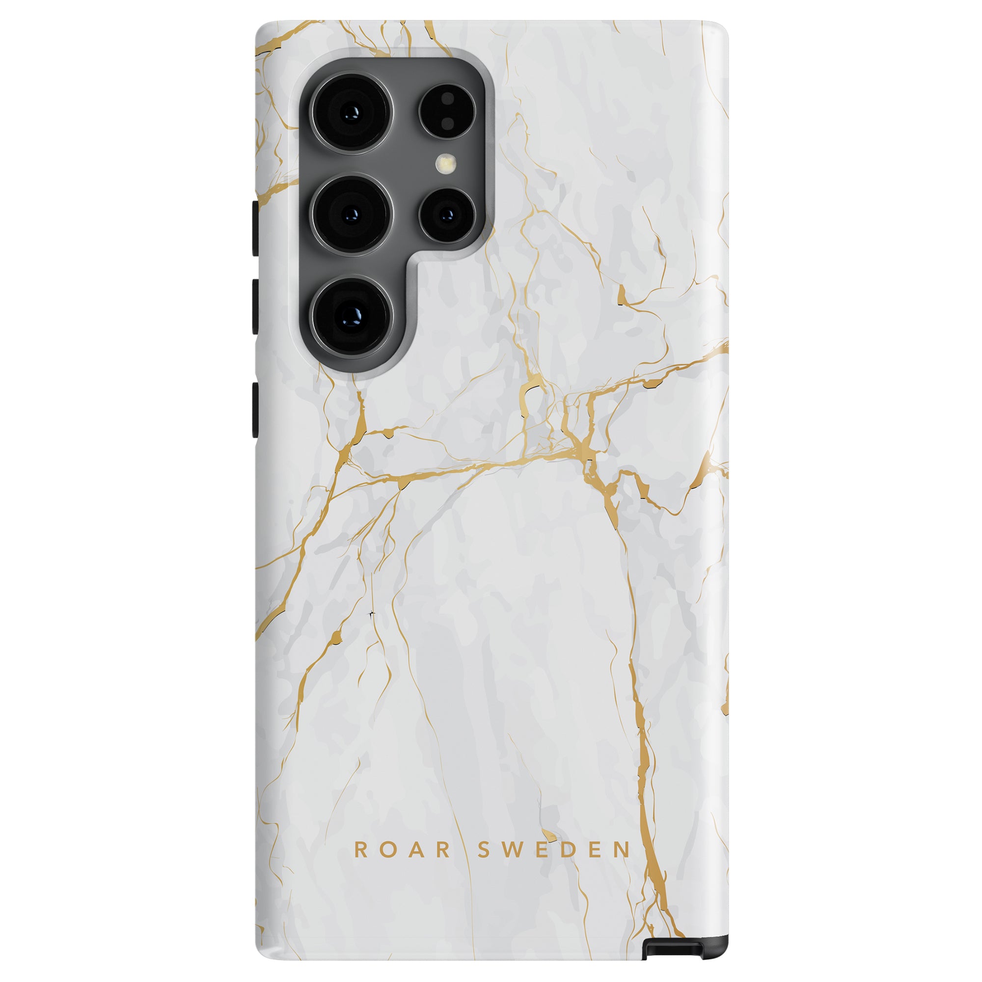 A smartphone with a white marble and gold accent cover, known as the Calacatta Gold - Tough Case, is shown. The text "ROAR SWEDEN" is printed at the bottom of the case. The phone has four rear camera lenses, offering högklassigt skydd and a lyxig design.