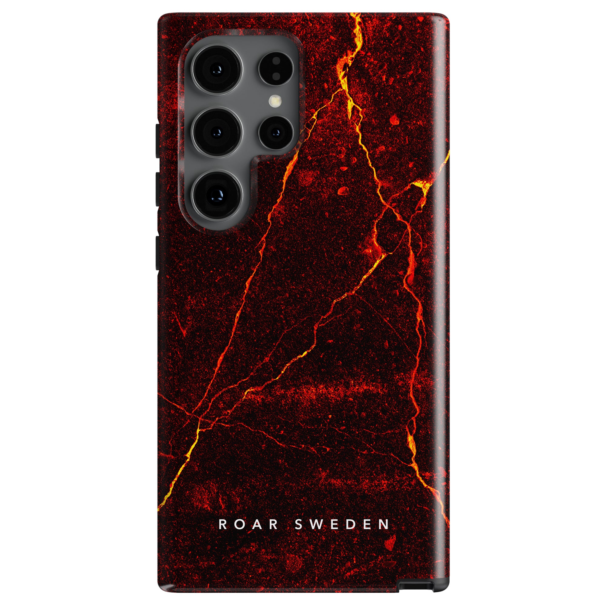 A smartphone with a red and black marble-patterned "Caldera - Tough Case" featuring the text "ROAR SWEDEN" at the bottom. The case has precise cutouts for the rear camera and side buttons, making it a perfect fit for both iPhone and Samsung models.