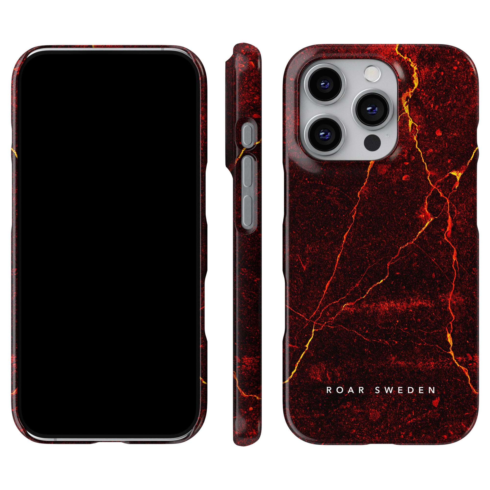 Caldera - Slim case set in a red marble pattern with gold veins is shown from various angles. Designed to provide iPhone and Samsung users protection against everyday wear, it features the text "Roar Sweden" printed at the bottom.