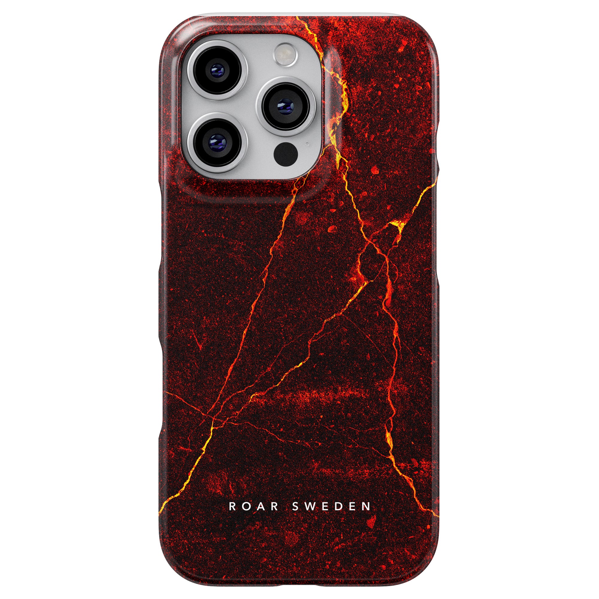 The "Caldera - Slim case" is a red and yellow cracked marble phone case by Roar Sweden, boasting a volcano-inspired design with three camera holes, compatible with iPhone and Samsung.