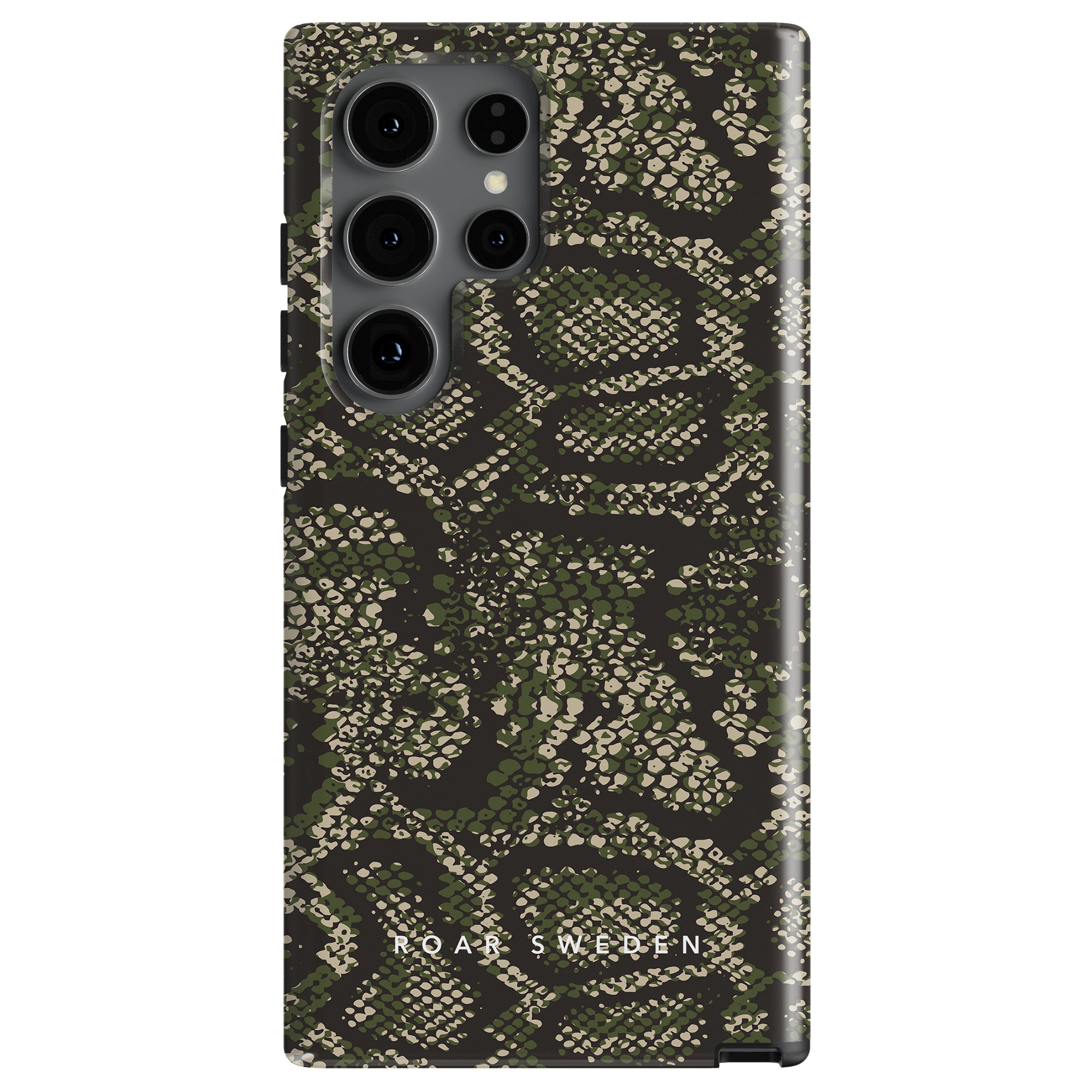 A smartphone featuring a Camo Snakes - Tough Case with a camouflage pattern and four rear cameras, proudly displaying the text "Roar Sweden" at the bottom.