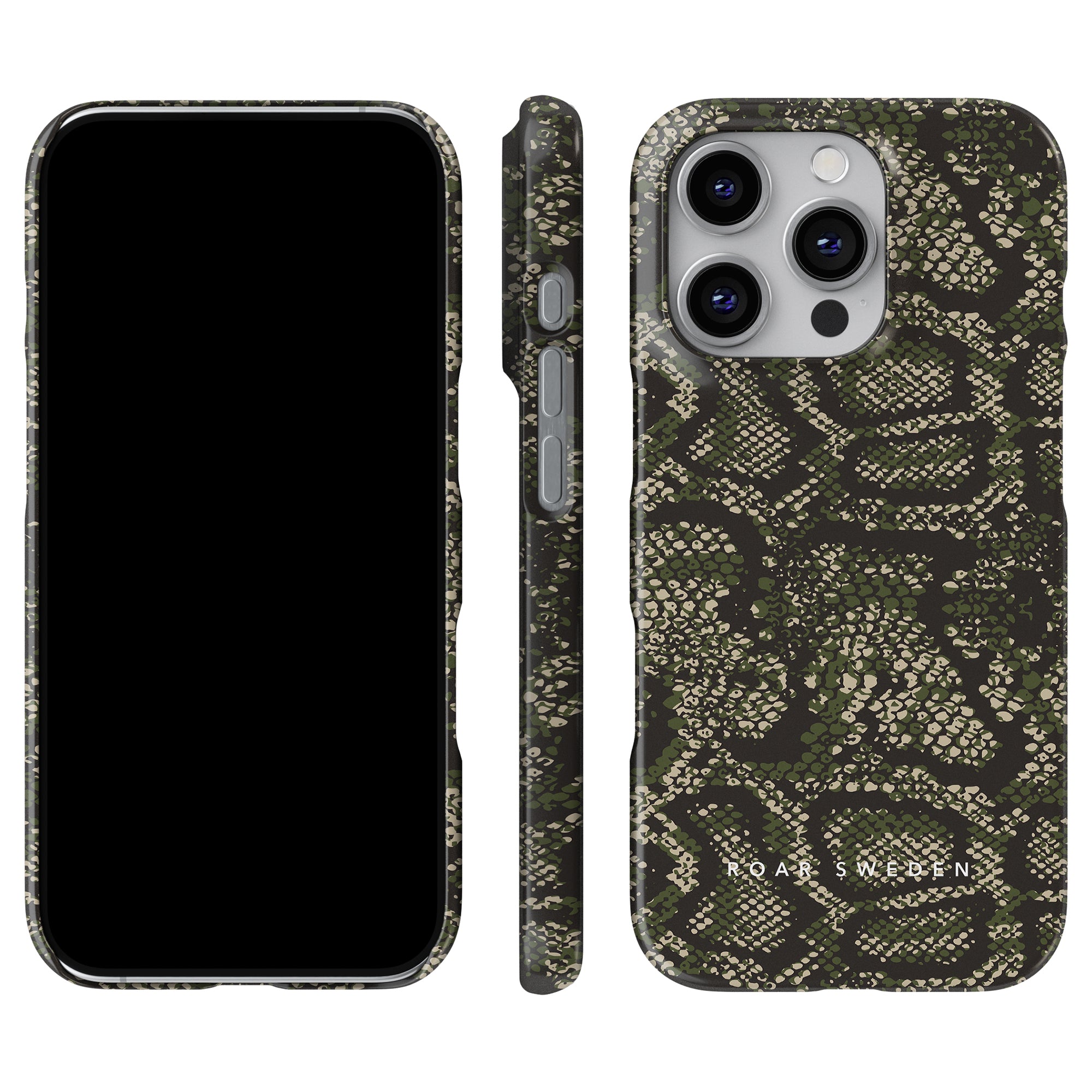 Three views of a smartphone with a green and beige Camo Snakes - Slim case.