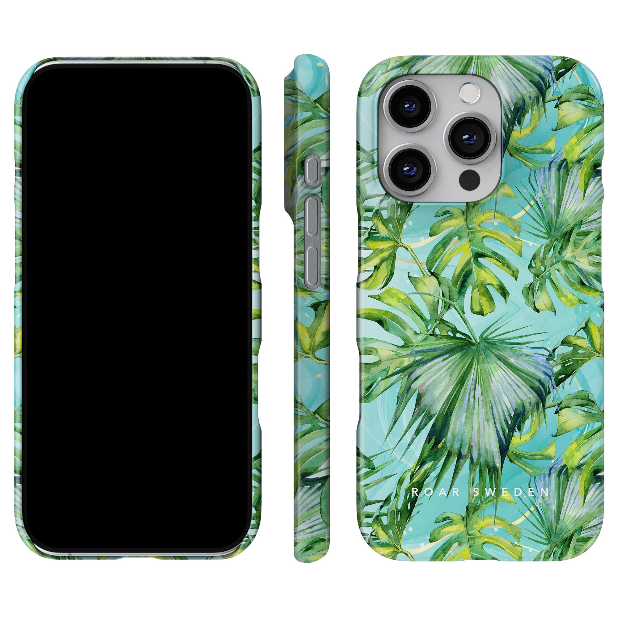 The Caribbean - Slim case features a palmbladsmönster and is displayed on a smartphone from three perspectives: the front, side, and back.