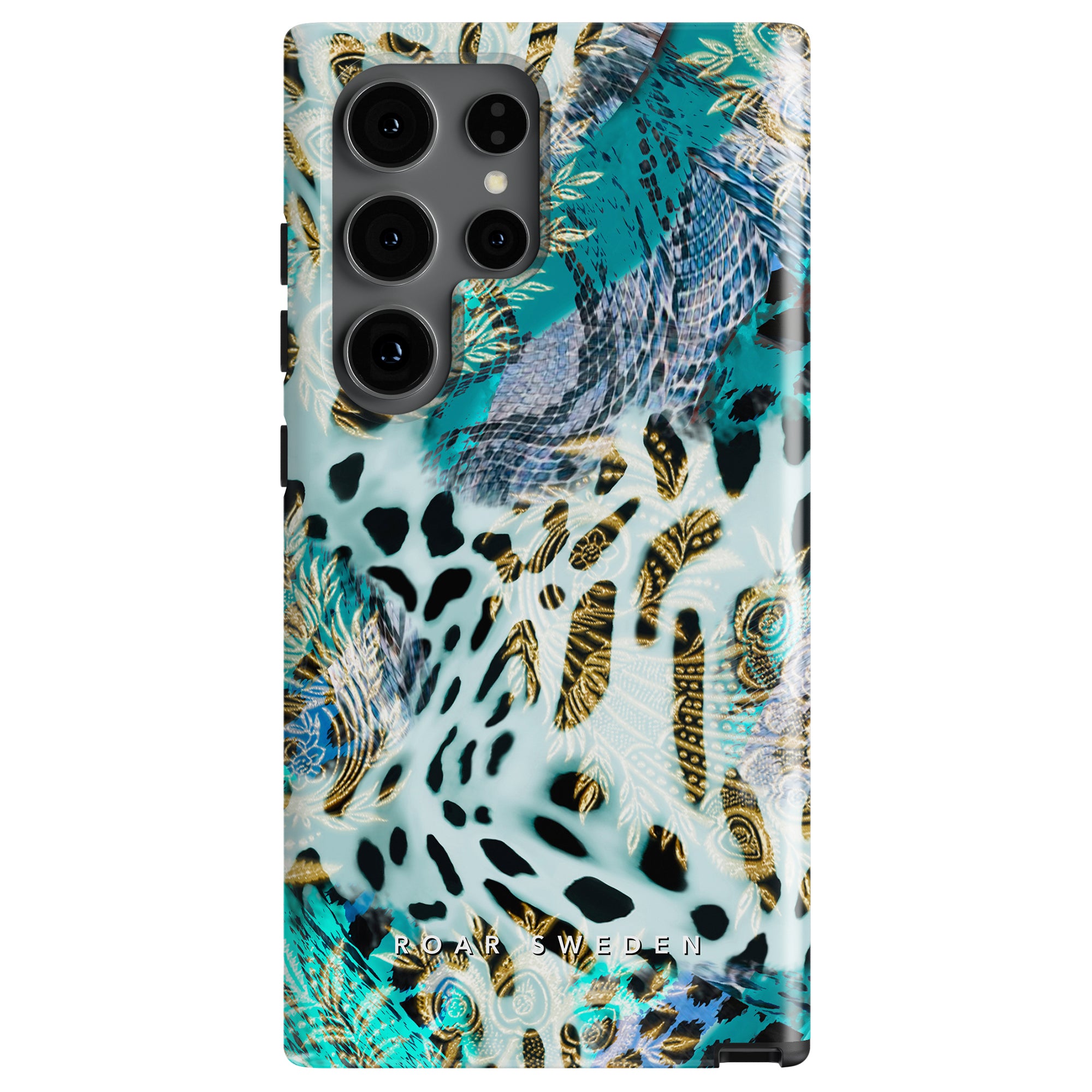 A **Cheetah Spark - Tough case** featuring an intricate, multicolored design with feathers and cheetah-mönster patterns, crafted from högkvalitativa material.