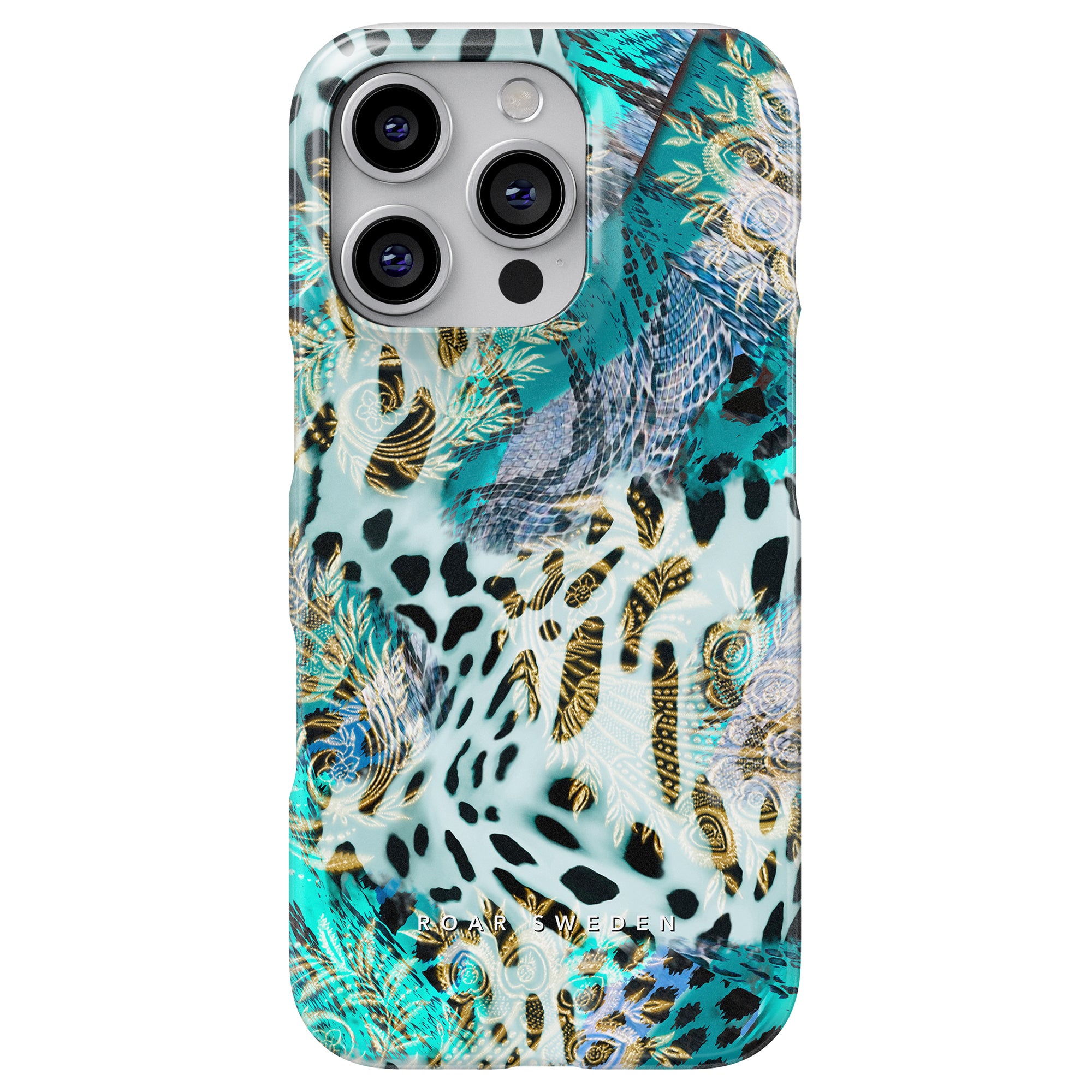 Cheetah Spark - Slim case with a tropical design featuring a cheetah pattern in green, blue, and gold colors.