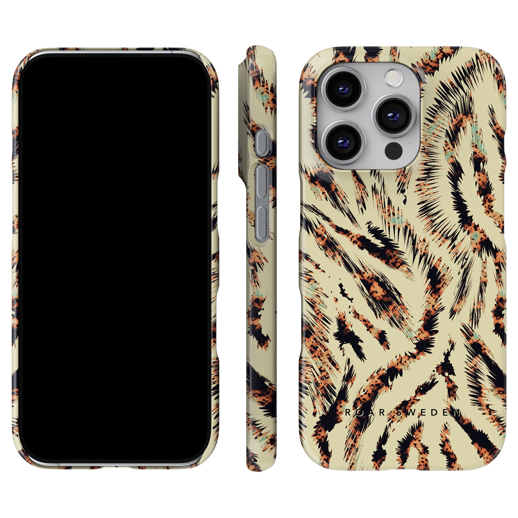 The Coco - Slim case features a luxurious leopard-print design in beige and black, elegantly showcased from the front, side, and back views.