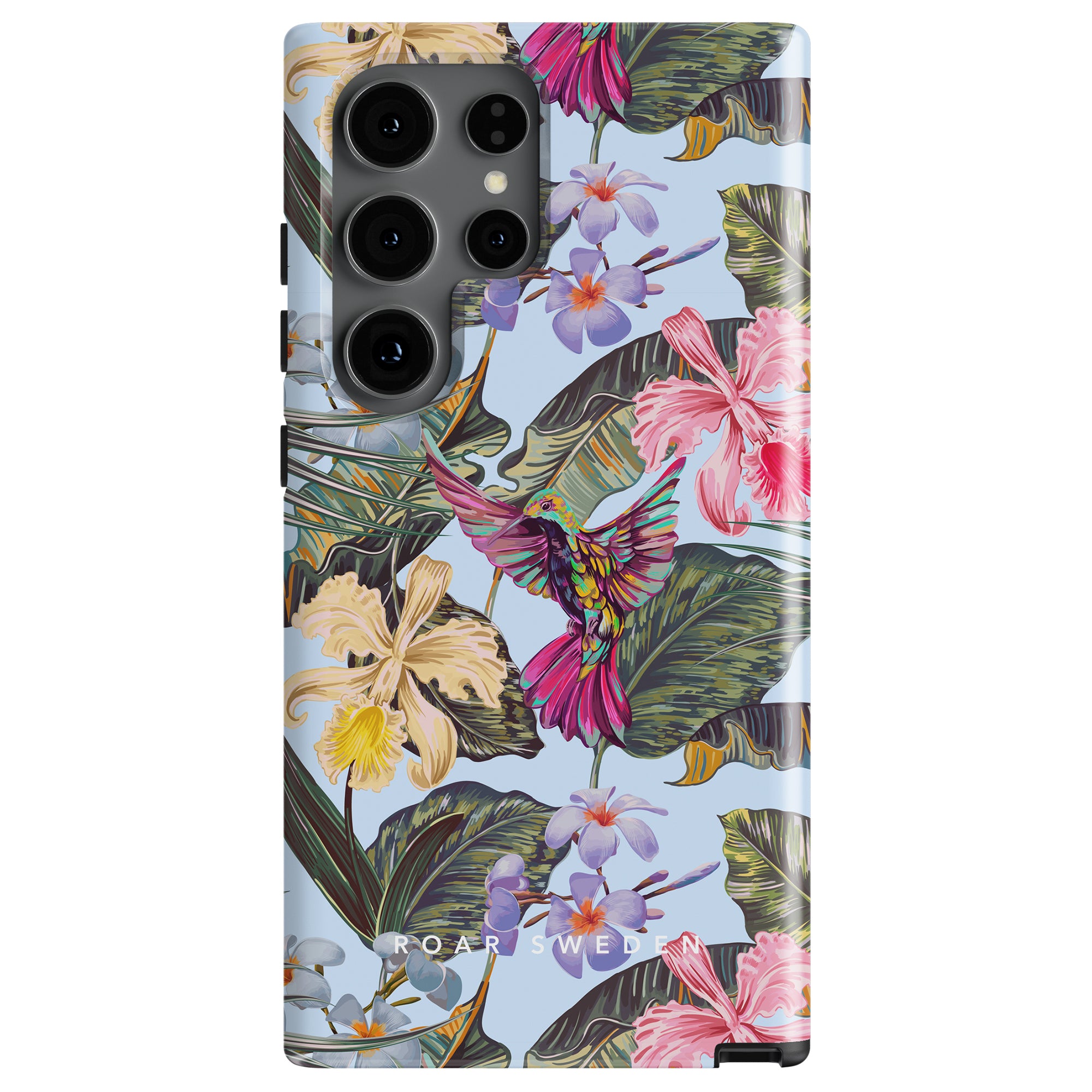 A smartphone with an elegant och hållbart mobilskal depicting various colorful flowers and a bird. The brand name "Colibri - Tough case" is visible at the bottom of the case.
