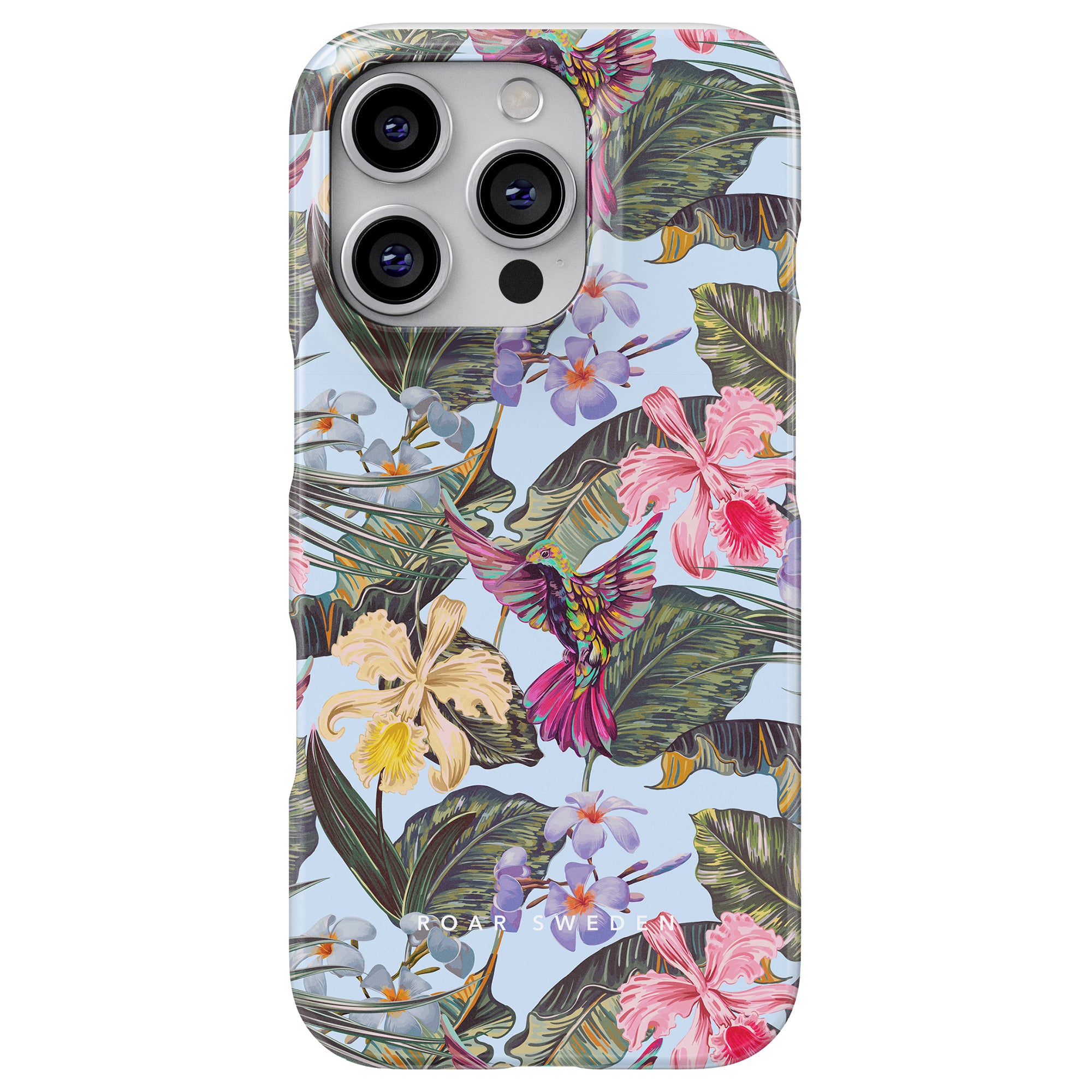 Discover the Colibri - Slim case, a smartphone accessory featuring a tropical floral and kolibri-inspired design set against a serene blue background.