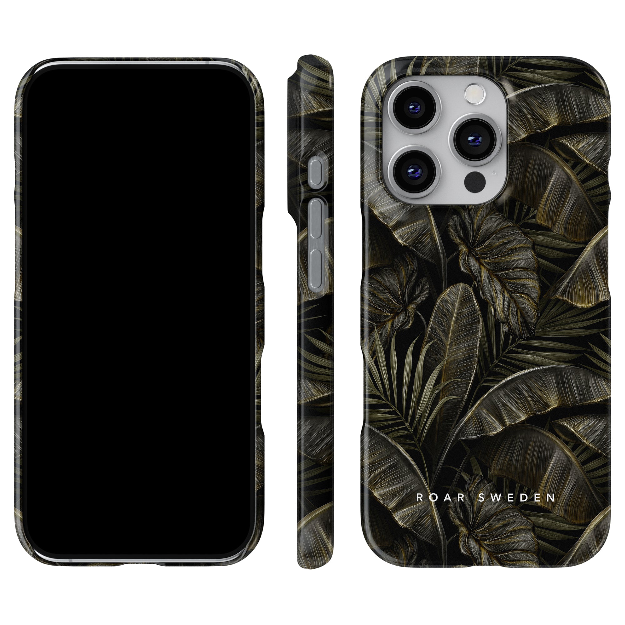 Colocasia - Slim case featuring a tropical leaf pattern, showcasing tropisk elegans from the front, side, and back with högkvalitativa material.