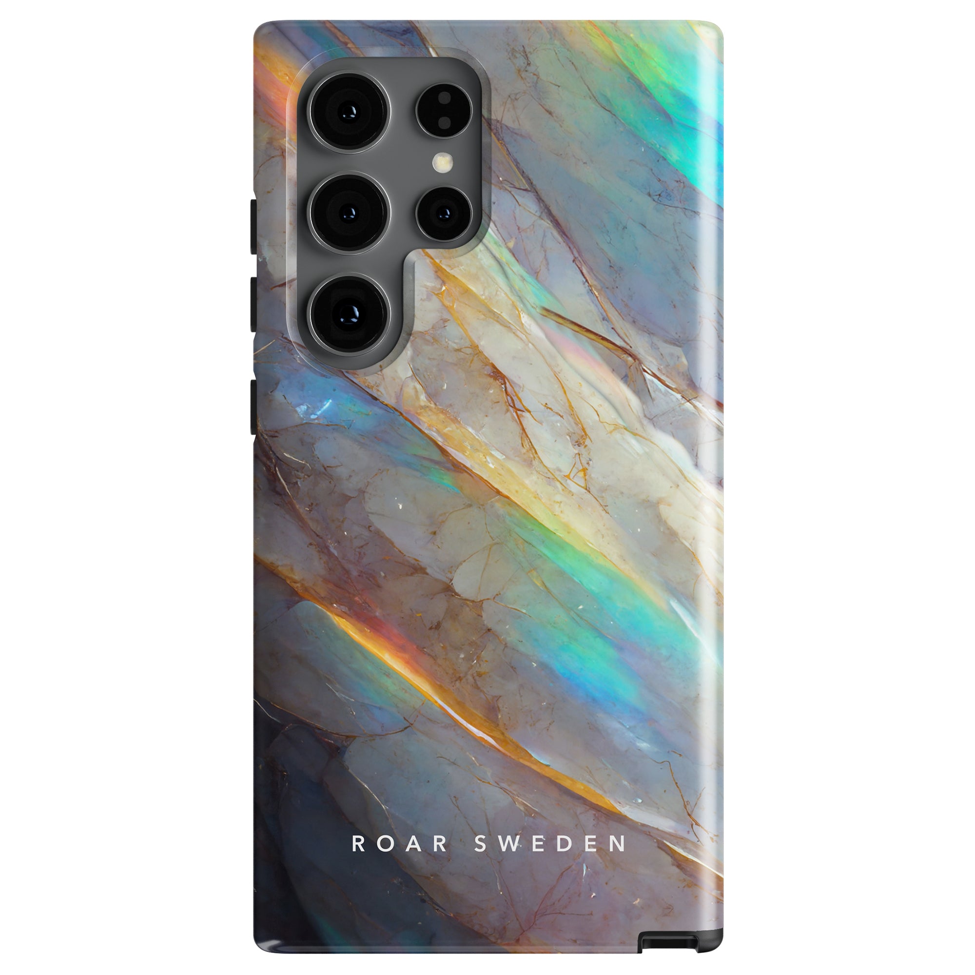 A smartphone case with a multi-color marble pattern, featuring the brand name "ROAR SWEDEN" at the bottom. This Crystal - Tough Case offers robust skydd and modern estetik, with multiple openings for camera lenses on the top left side.