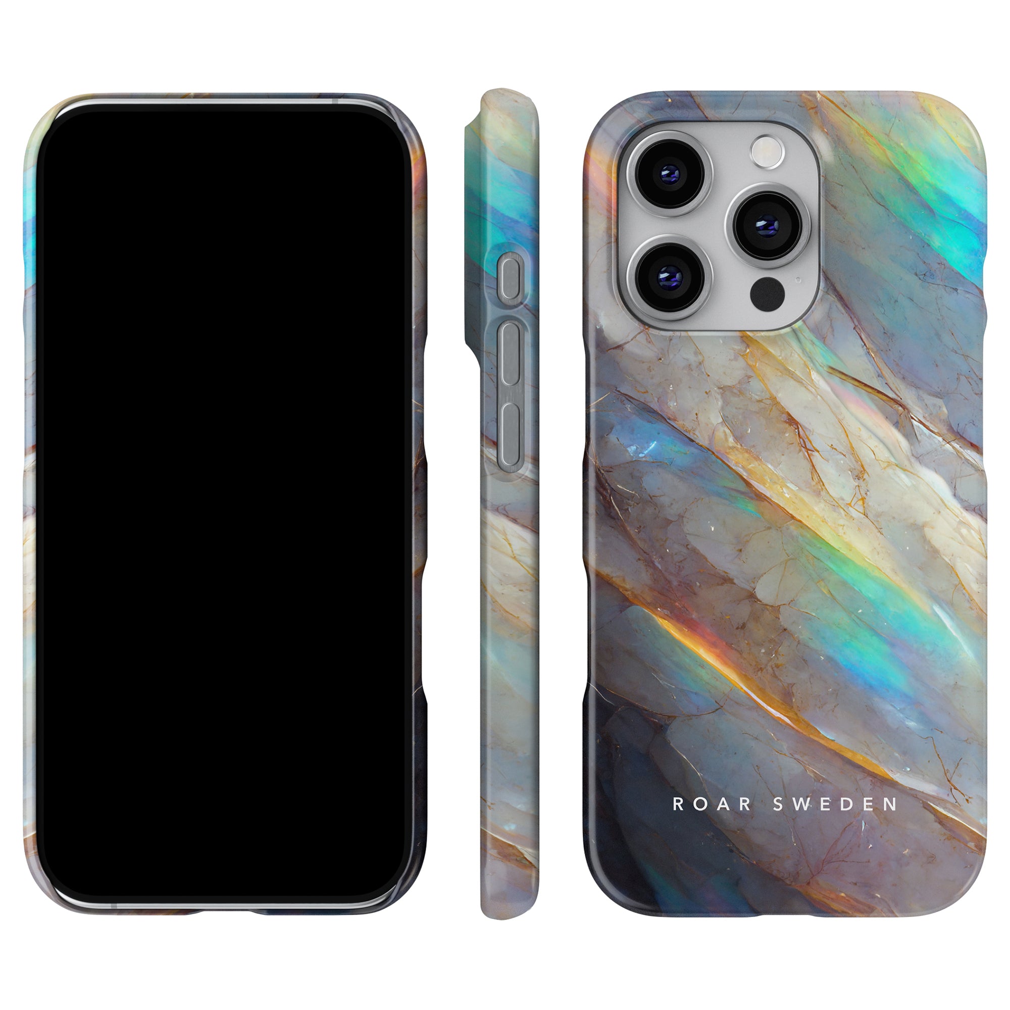 Introducing the Crystal - Slim case, a smartphone accessory with a crystal-clear design featuring an iridescent marble pattern. This robust protection not only enhances your phone's aesthetics but also offers unparalleled safeguarding. The case displays the text "Roar Sweden," with views from the front, back, and sides.