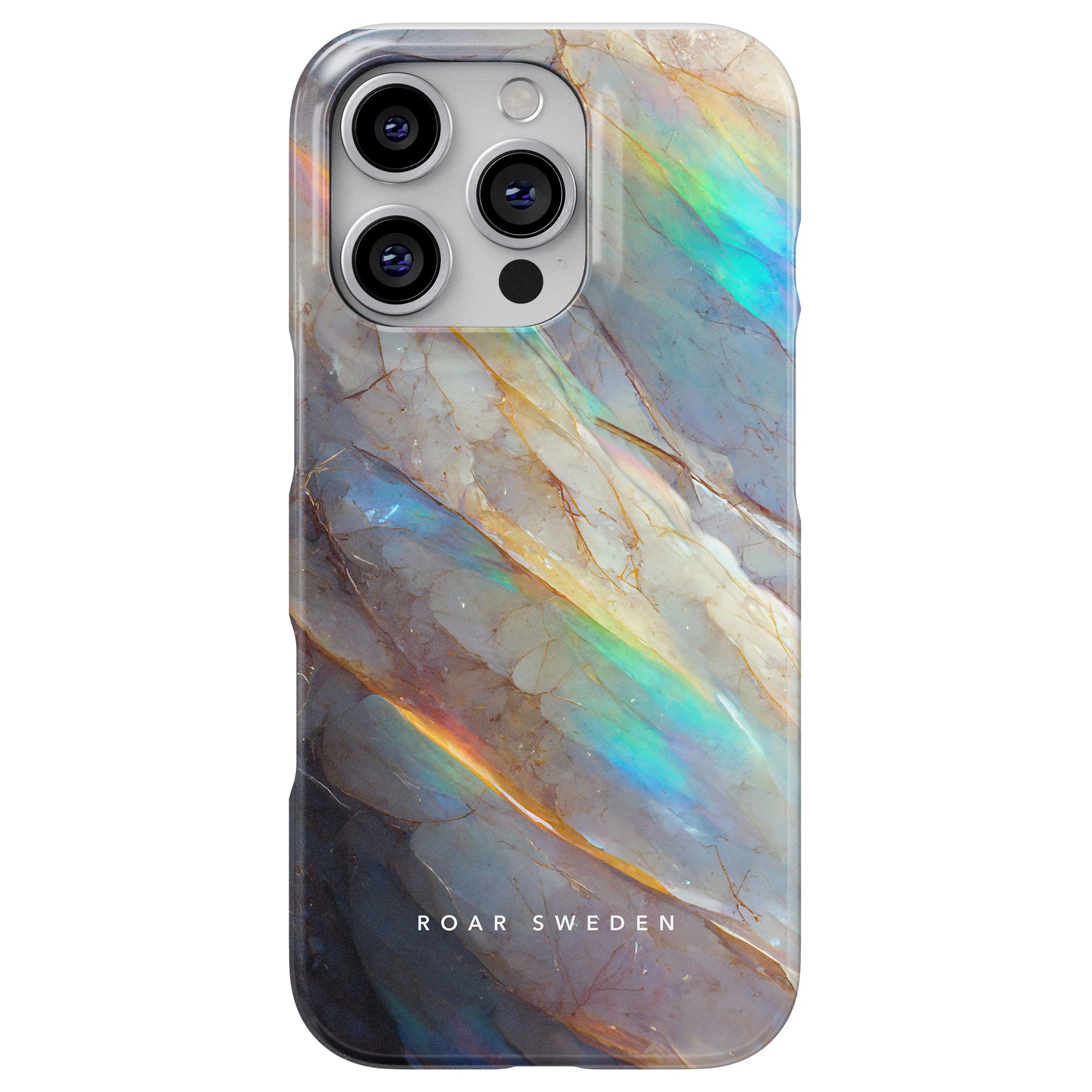 Crystal - Slim Case with a marbled pattern in iridescent blue, gold, and green shades. "ROAR SWEDEN" is gracefully printed at the bottom, providing chic protection for your smartphone.